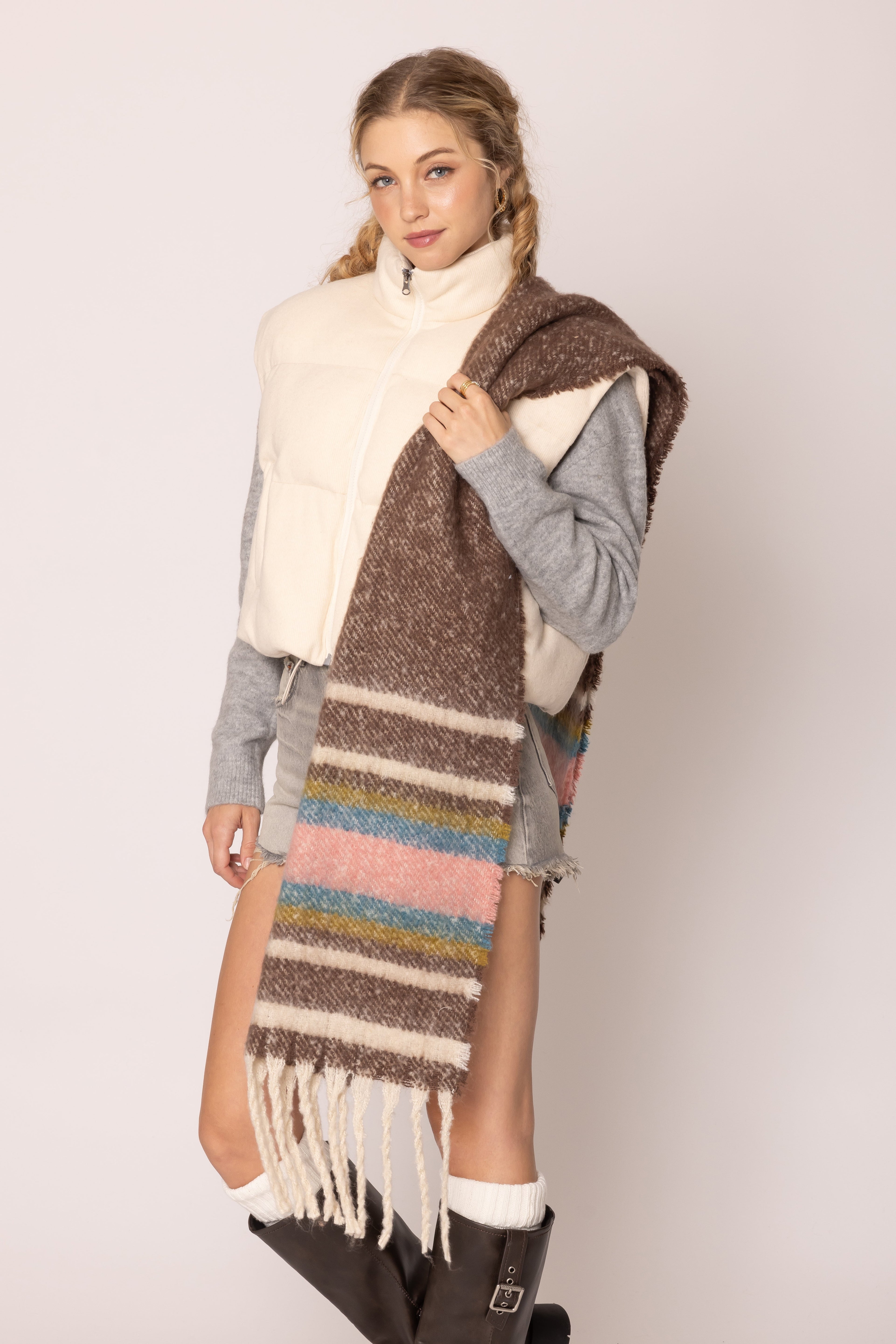 Multi Stripe Cozy Scarf With Fringe - Charming Charlie