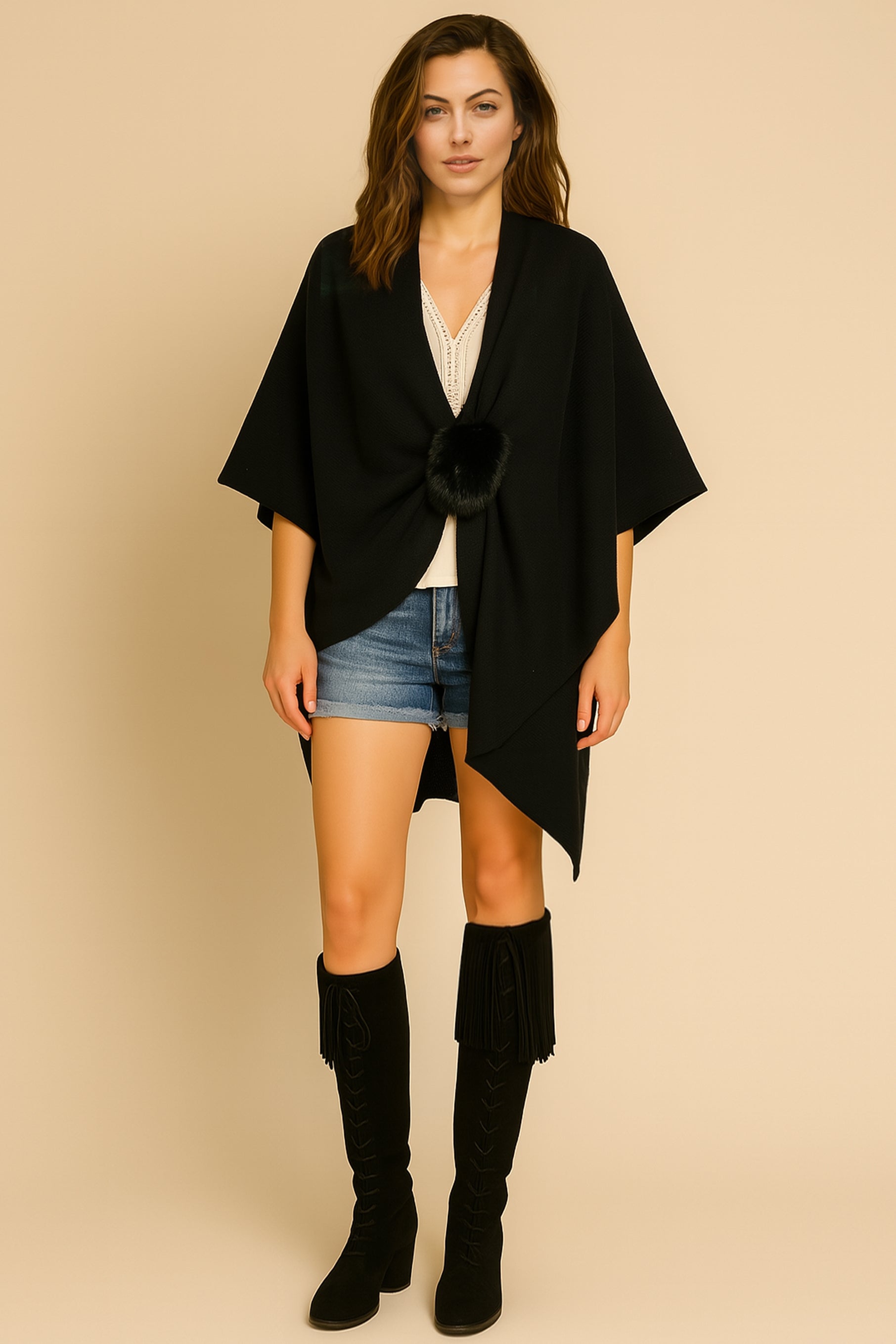 Solid Ruana with Fur Strap - Charming Charlie