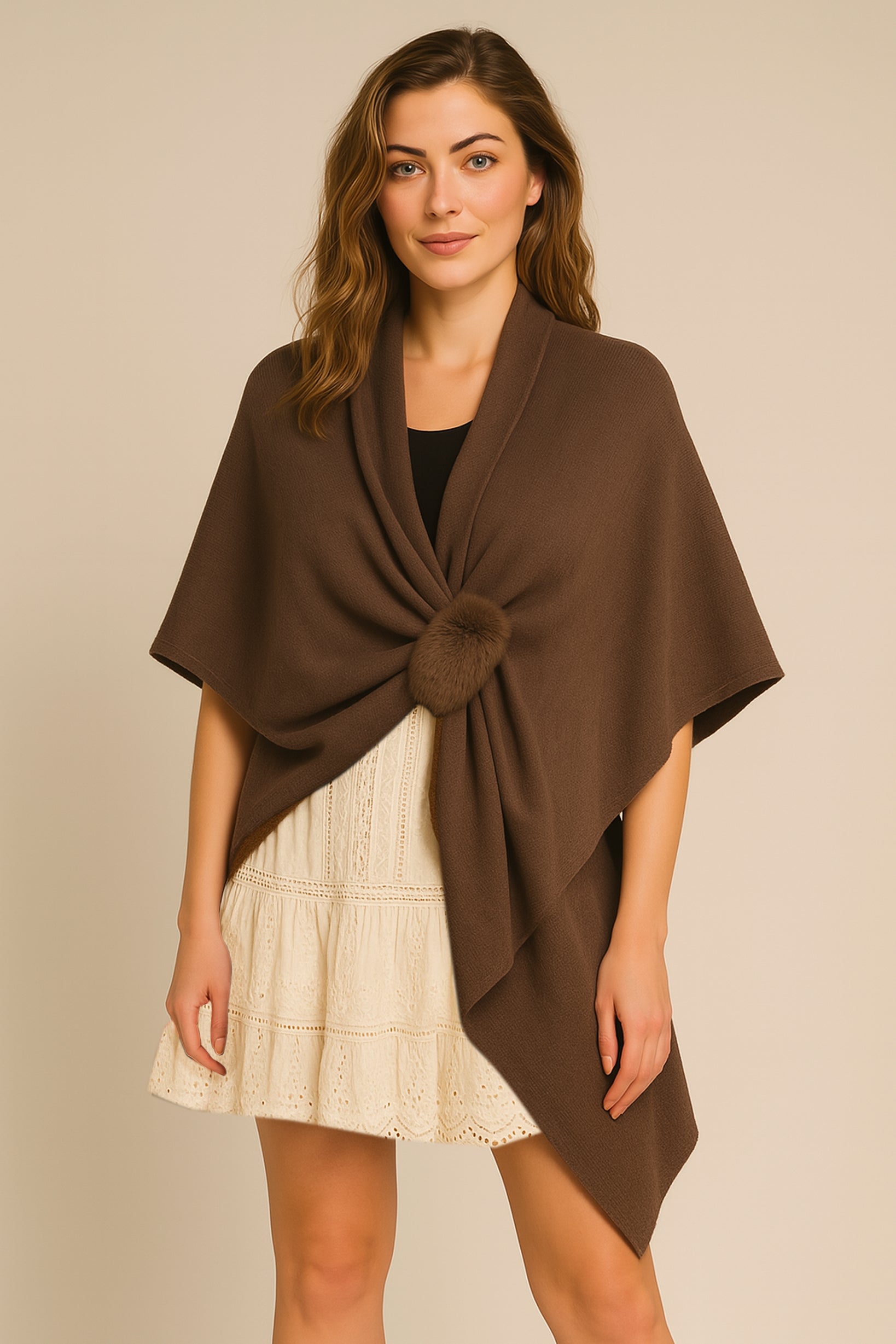 Solid Ruana with Fur Strap - Charming Charlie