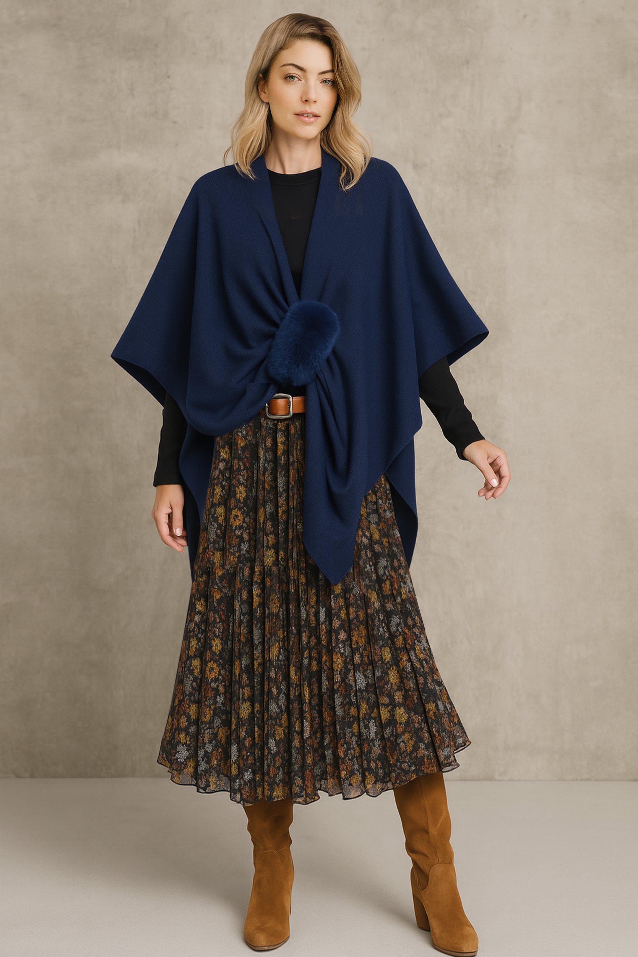 Solid Ruana with Fur Strap - Charming Charlie