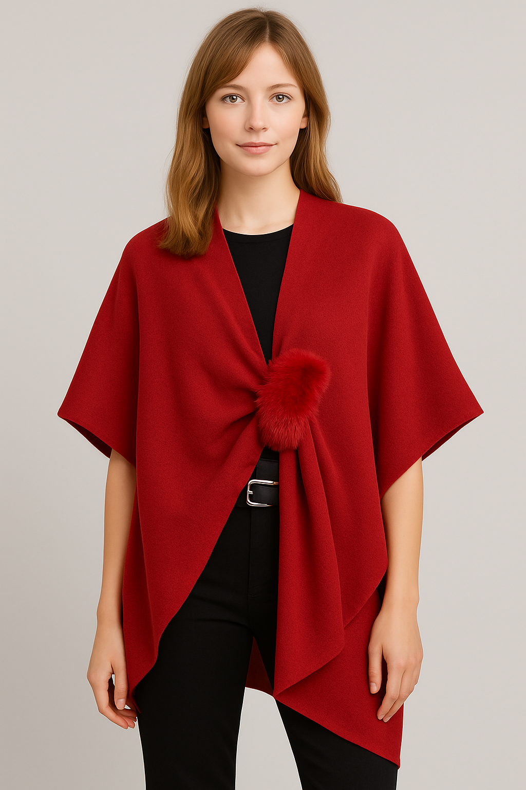 Solid Ruana with Fur Strap - Charming Charlie