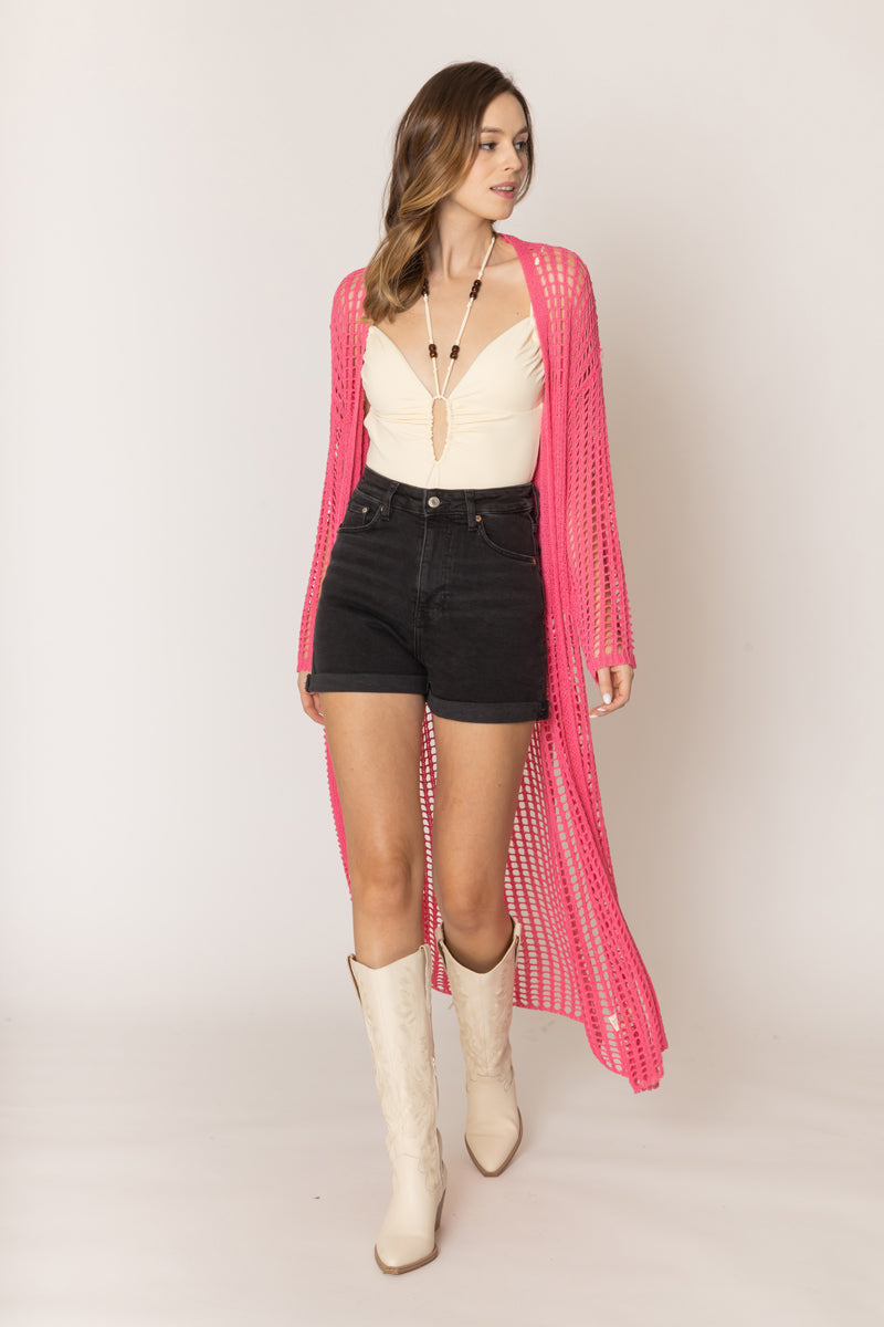 Chest Blocked Crochet Long Cardigan - Charming Charlie