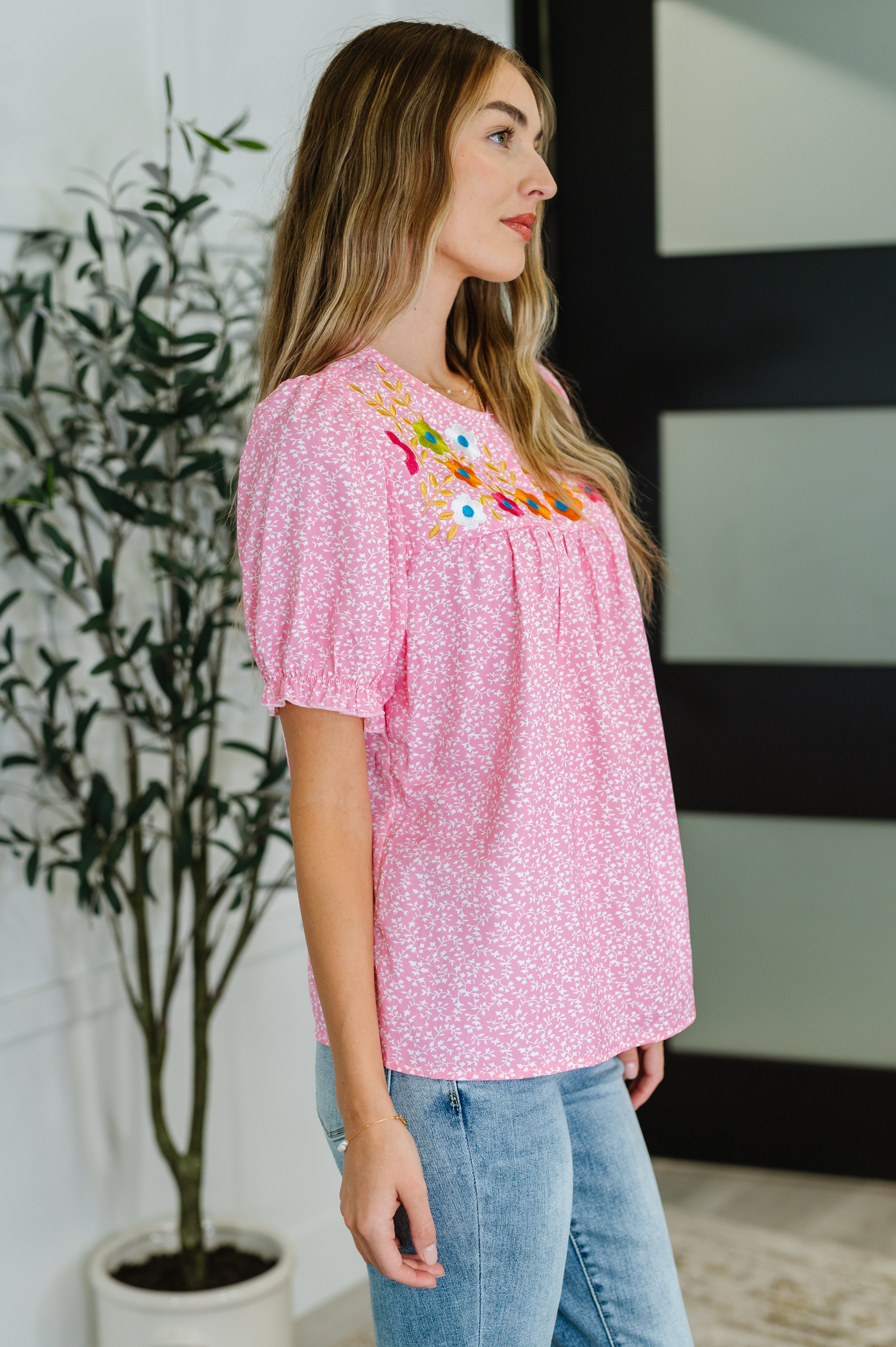 Wander Bloom Embroidered Puff Sleeve Blouse in Pink - Charming Charlie