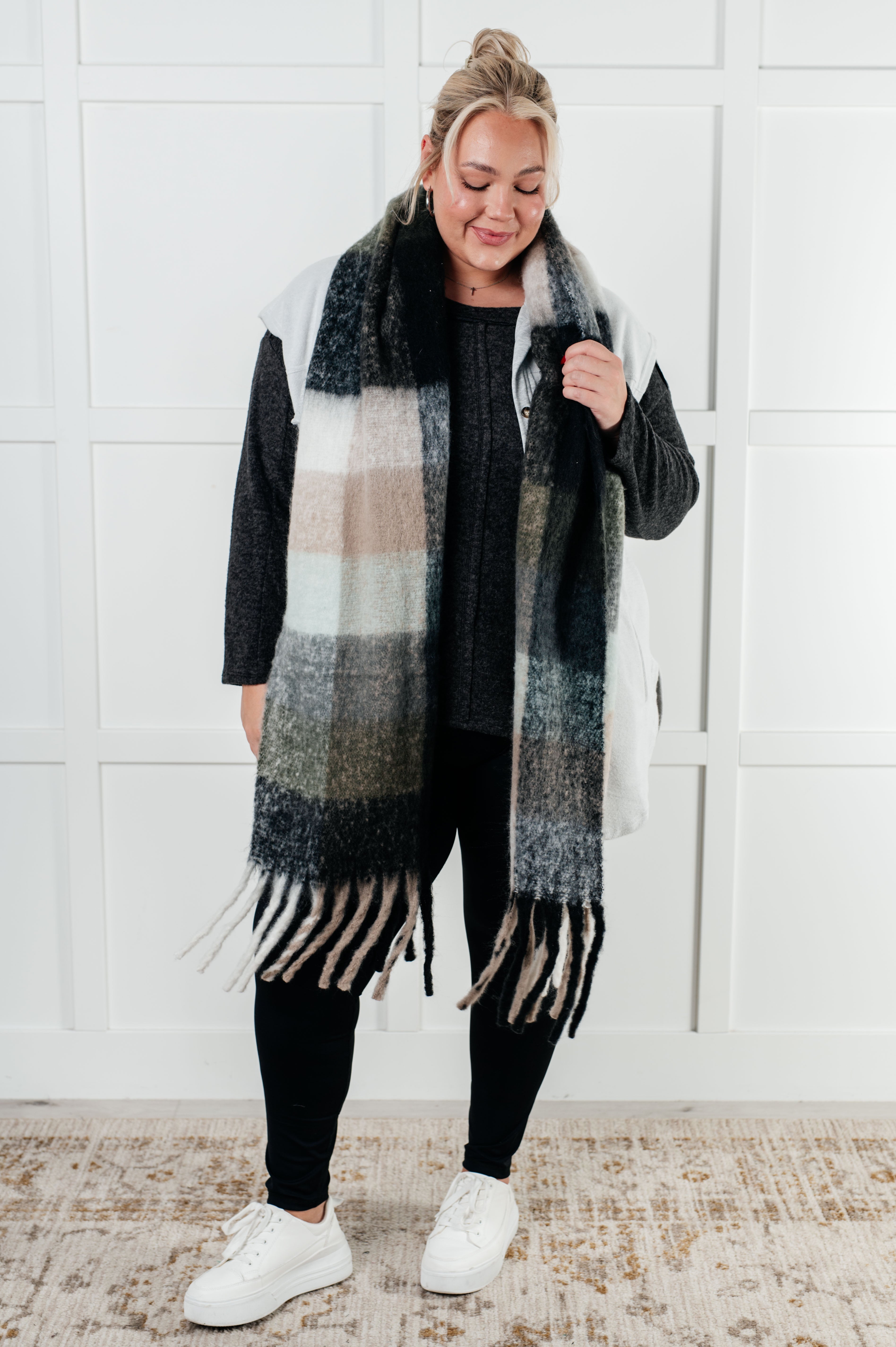 Wanderlust Wrap Oversized Plaid Fringe Scarf in Grey and Jade - Charming Charlie