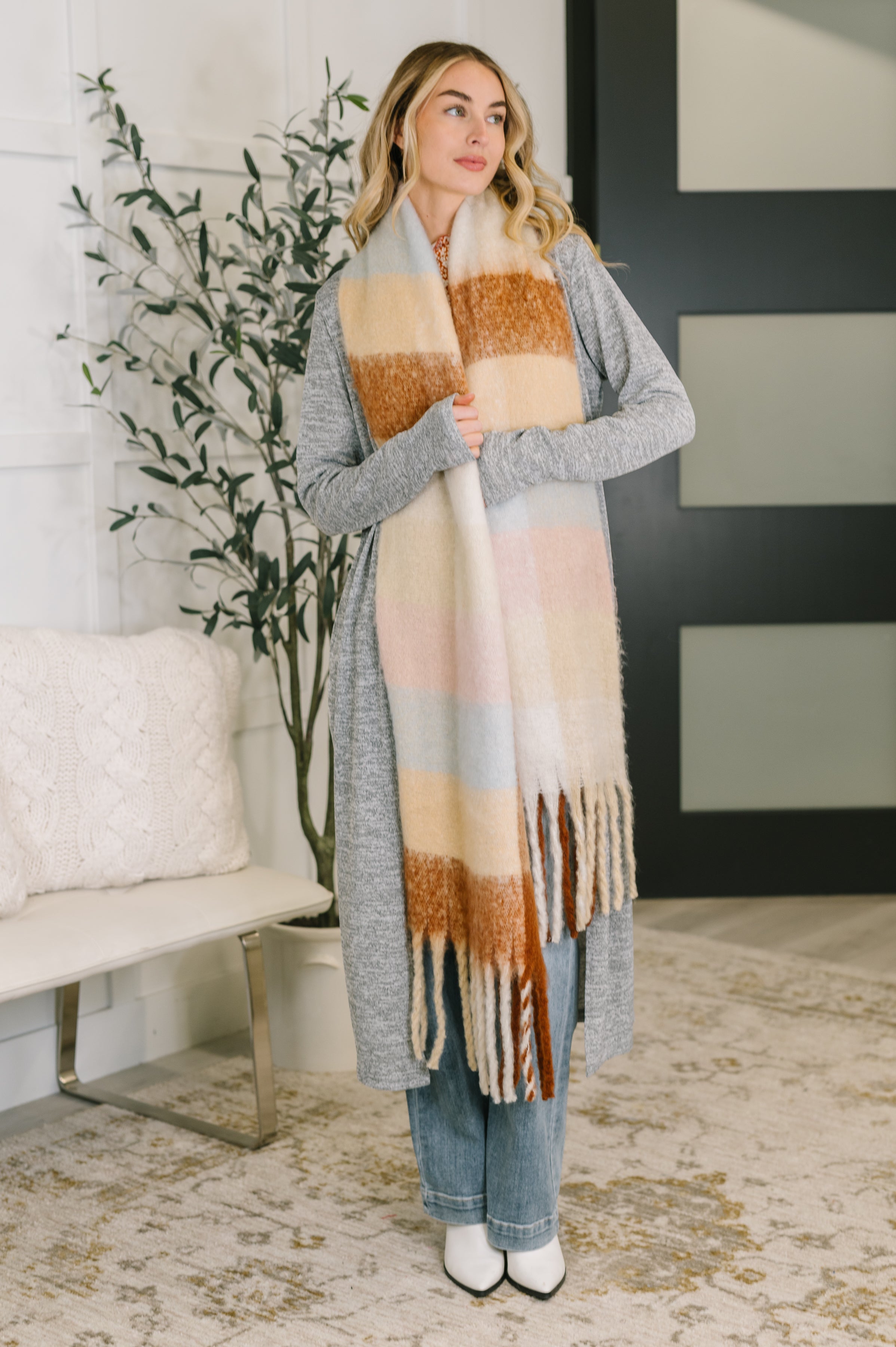 Wanderlust Wrap Oversized Plaid Fringe Scarf in Light Brown - Charming Charlie
