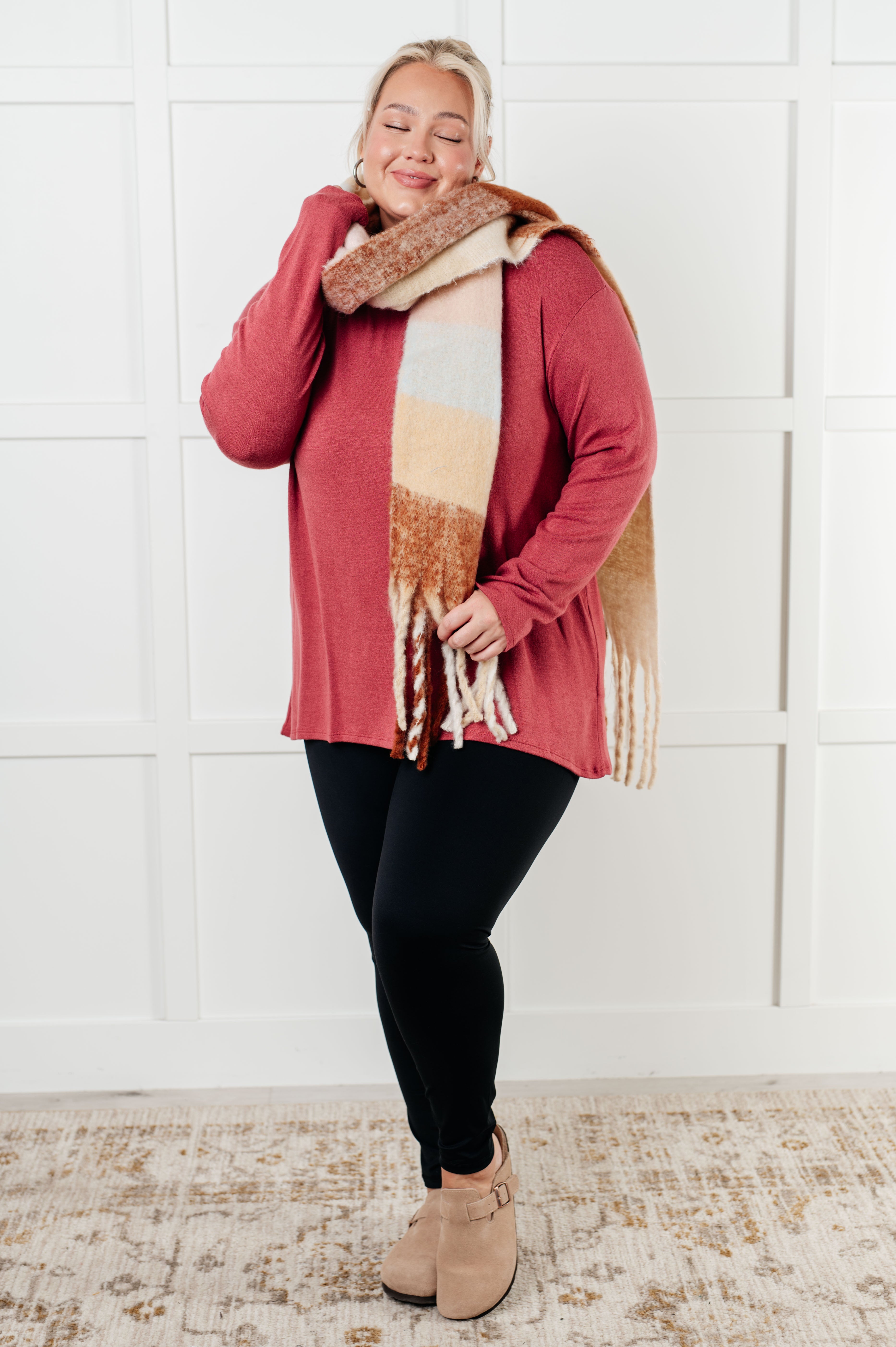 Wanderlust Wrap Oversized Plaid Fringe Scarf in Light Brown - Charming Charlie