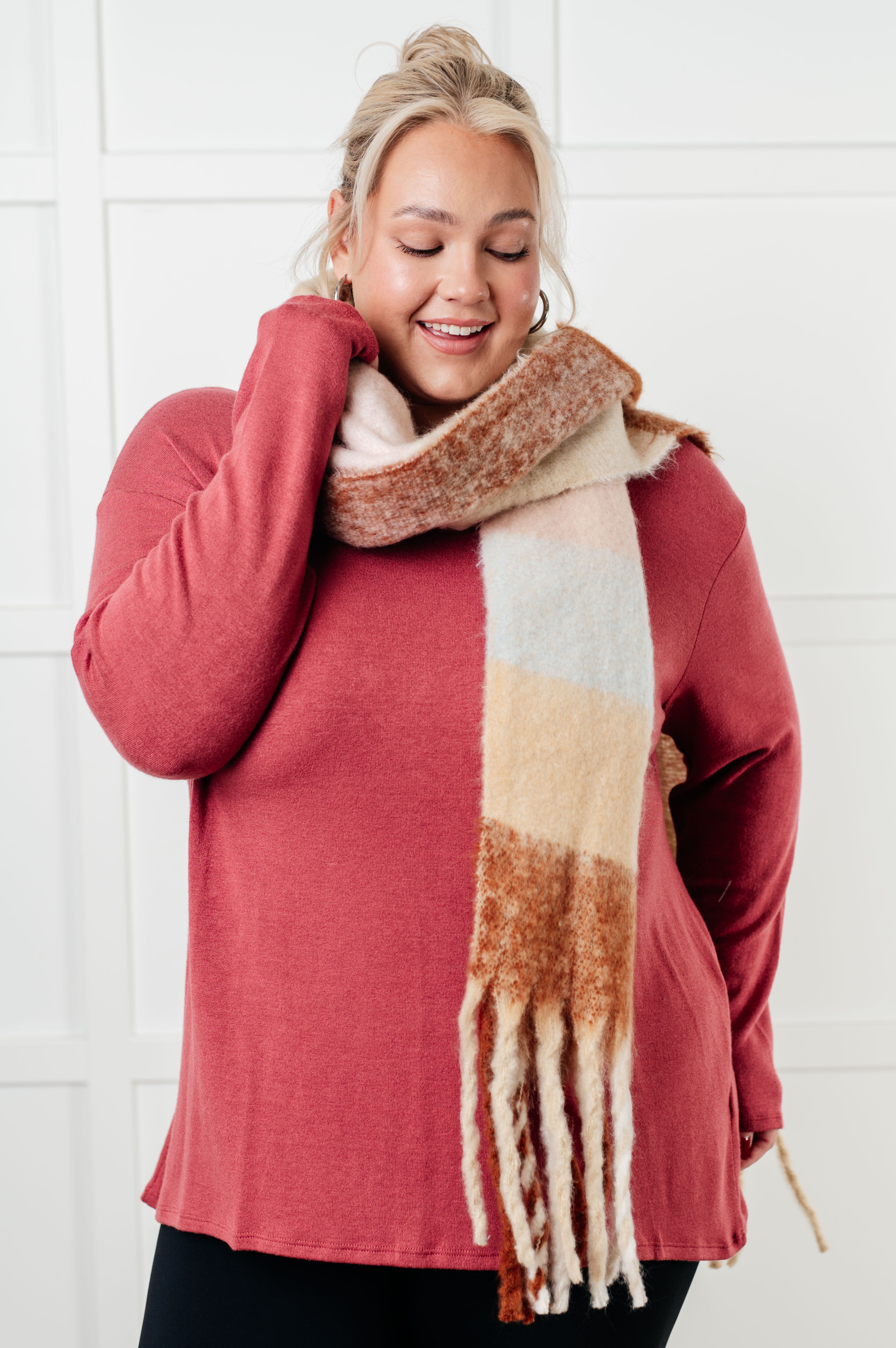 Wanderlust Wrap Oversized Plaid Fringe Scarf in Light Brown - Charming Charlie