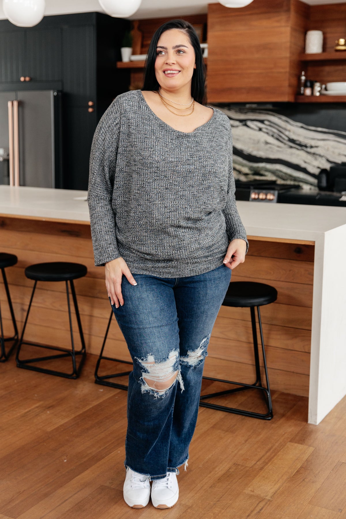 Warm Thoughts Ribbed Top in Charcoal - Charming Charlie