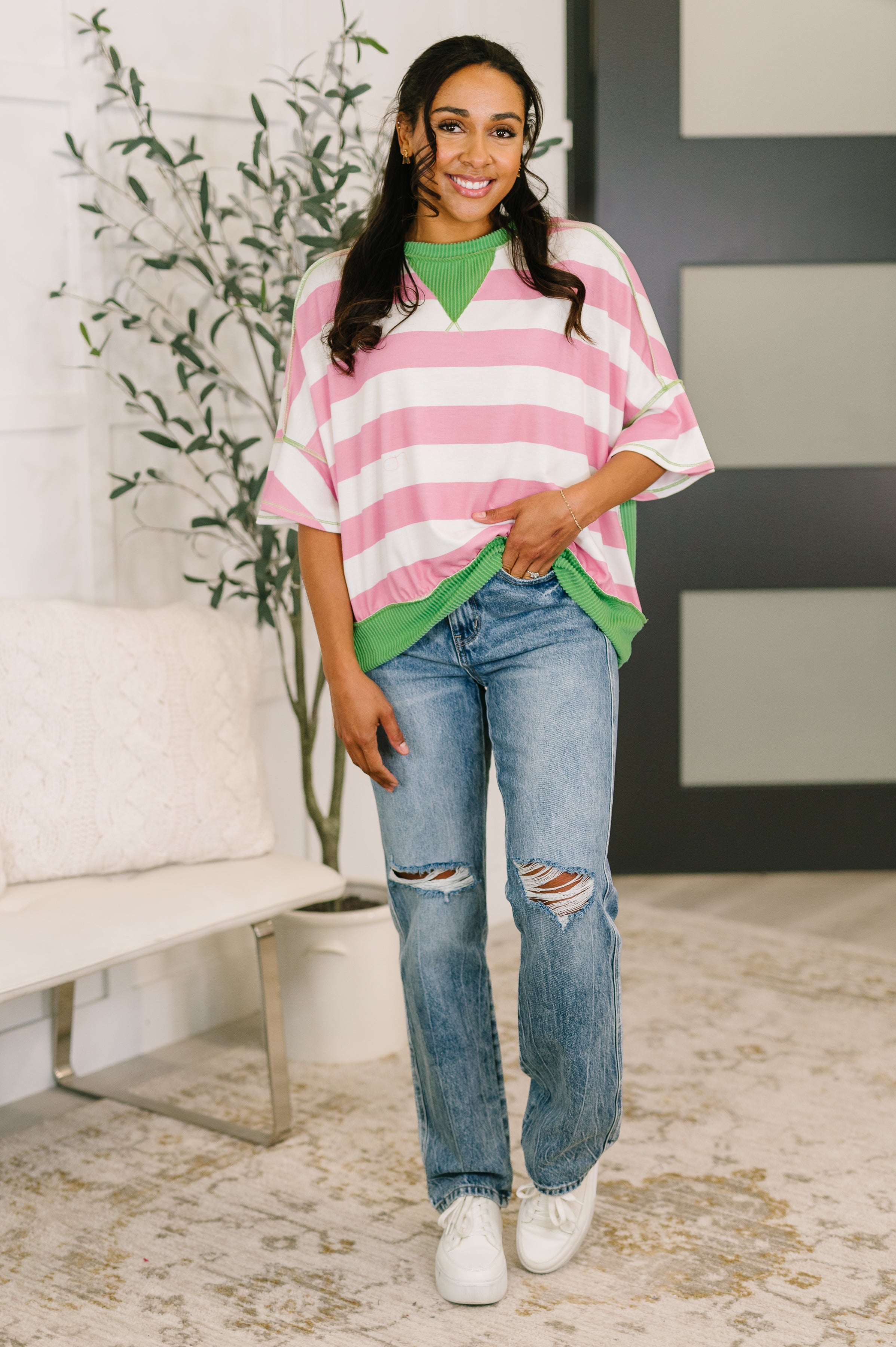 What's a Girl to Do Contrast Trim Relaxed Top - Charming Charlie