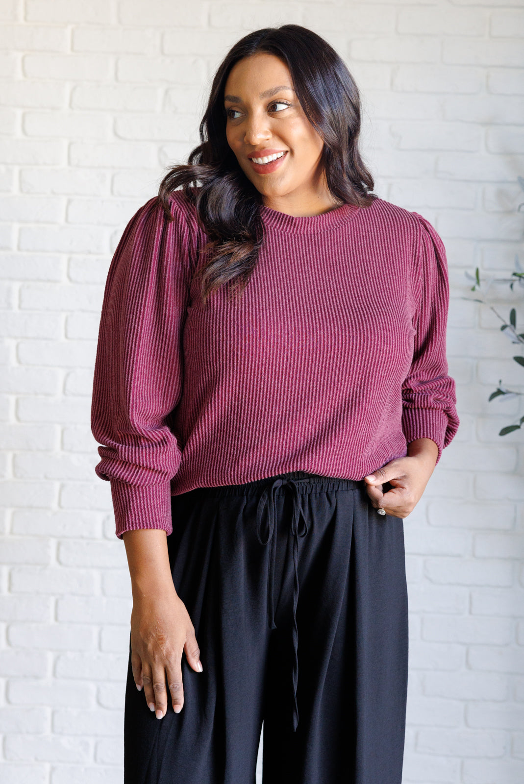 When the Sun Goes Down Mineral Wash Ribbed Knit Top in Wine - Charming Charlie