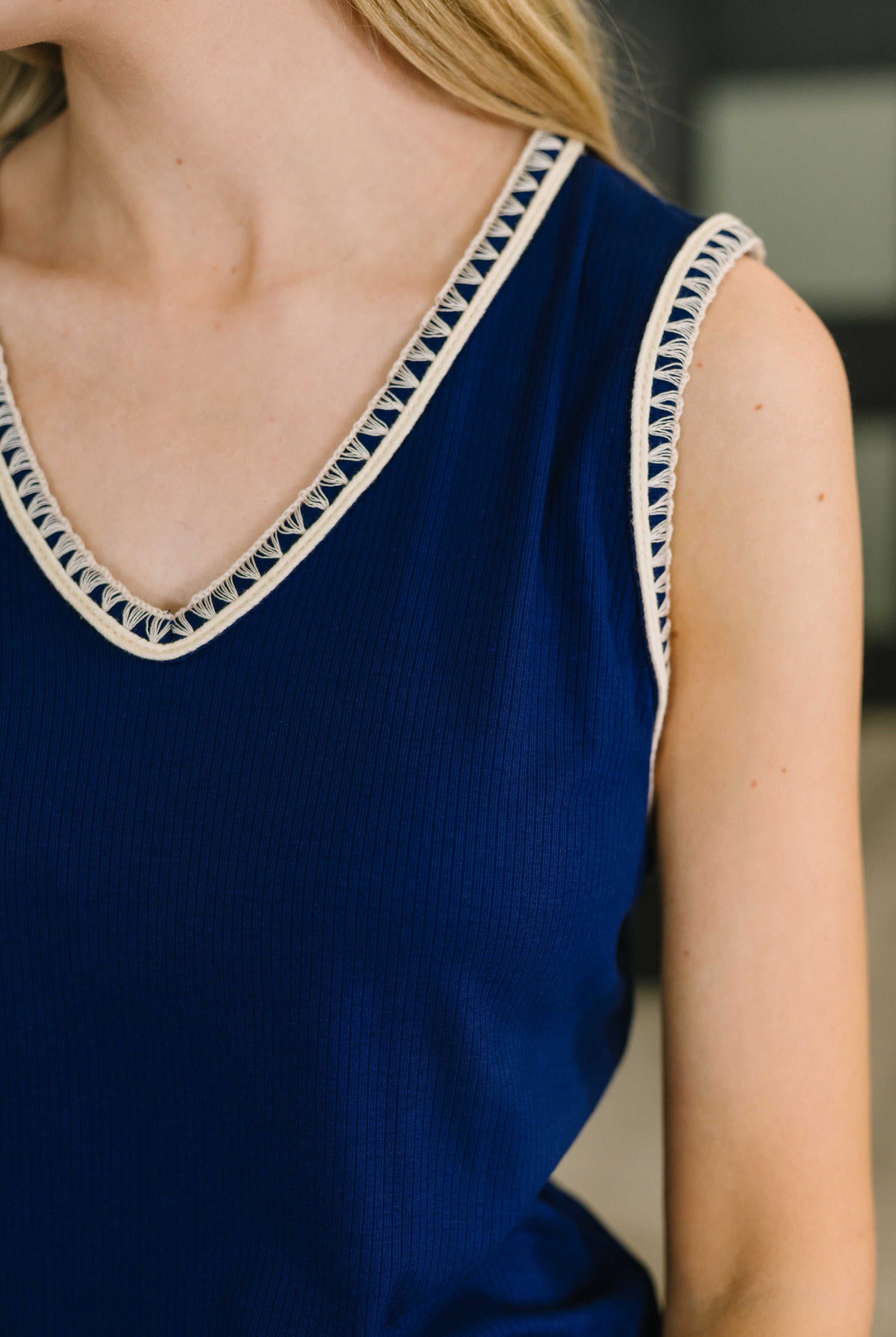 Whisper Trim Detailed V-Neck Tank in Navy - Charming Charlie