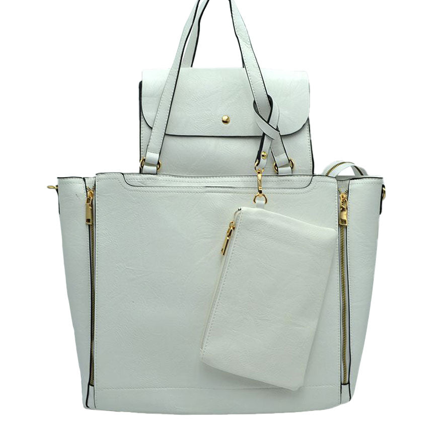White 3 in 1 Side Zipper Women's Handbag set. Ideal for parties, events, holidays, pair these handbags with any ensemble for a polished look. Versatile enough for using straight through the week, perfect for carrying around all-day. Great Birthday Gift, Anniversary Gift, Mother's Day Gift, Graduation Gift, Valentine's Day Gift. Wear as a crossbody, shoulder bag, or hand carry for your favorite look.