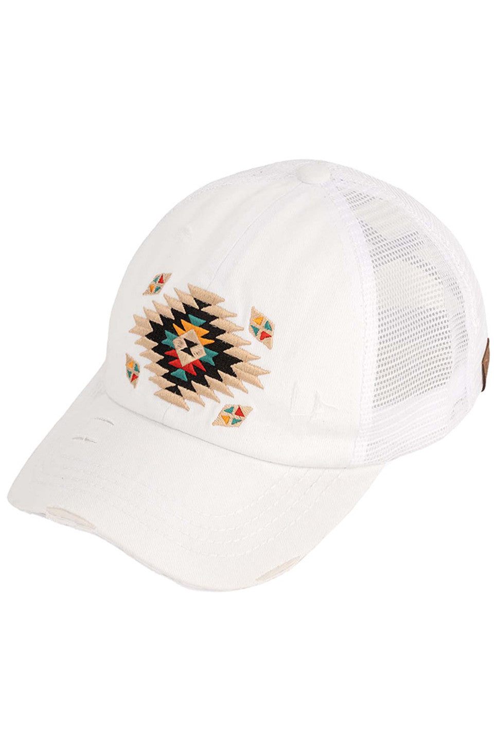 White C.C AZTEC PATCH DISTRESSED PONY CAP is a stylish and versatile accessory that combines functionality with fashion. Made of high-quality materials, it features an eye-catching aztec patch design and a distressed finish for a trendy look. Stay protected from the sun and add a touch of personality to your outfit with this must-have cap.