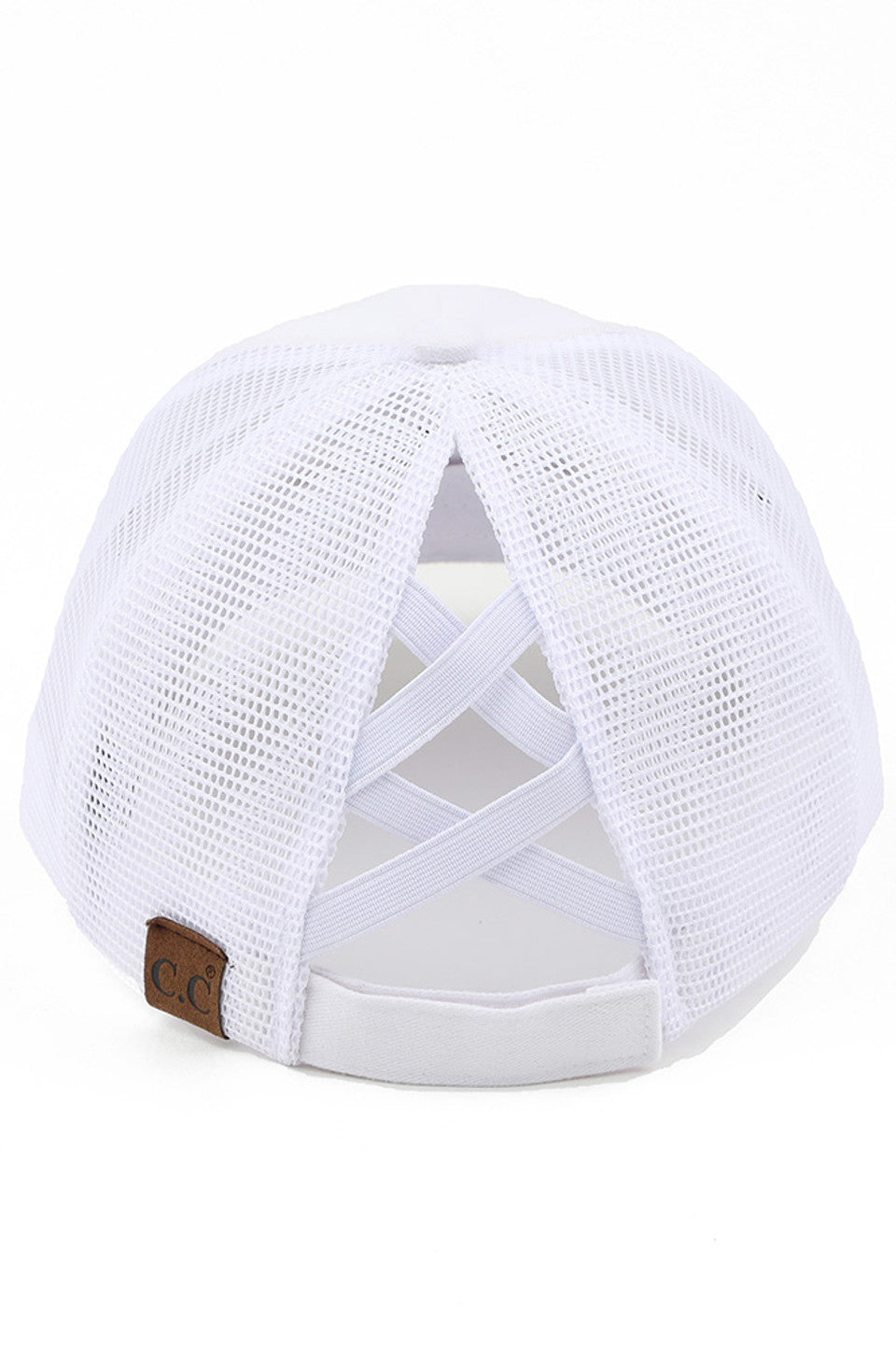 White C.C BE YOURSELF PATCH CRISS CROSS PONY CAP is both stylish and practical. With a unique criss-cross design and a "Be Yourself" patch, this cap is perfect for any fashion-forward individual. The pony cap style also allows for comfortable and convenient wear. Express yourself with this versatile and trendy accessory.