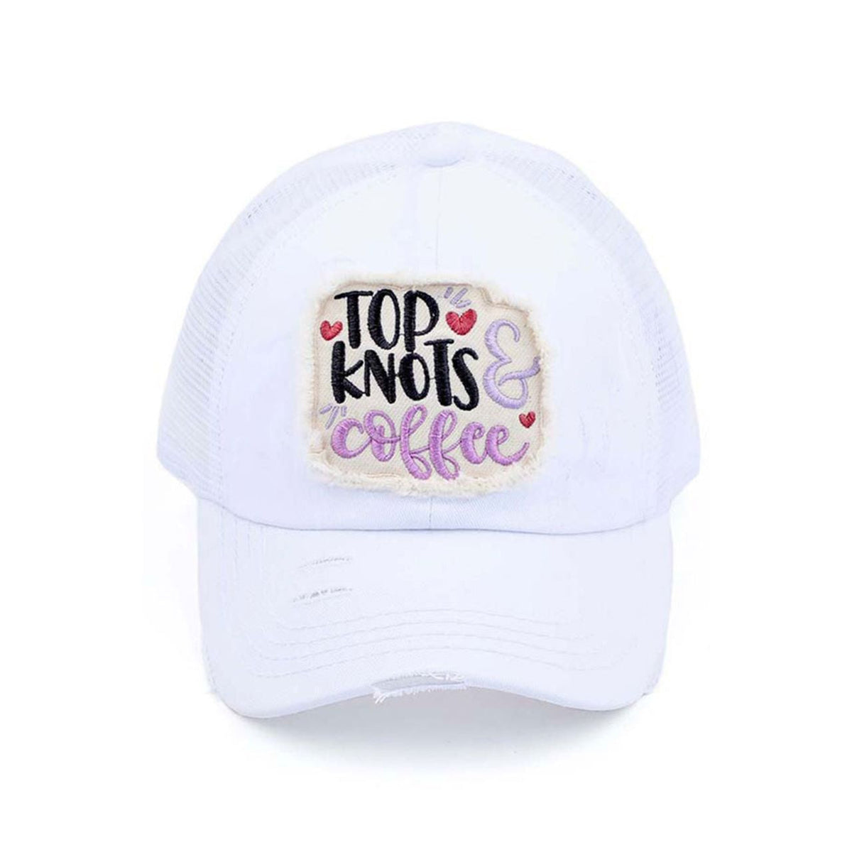 White C.C DISTRESSED TOP KNOTS AND COFFEE PATCH PONYCAP is an essential accessory for coffee lovers. Made with distressed fabric and a stylish top knot, it also features an embroidered coffee patch. Stay fashionable while showing off your love for coffee.