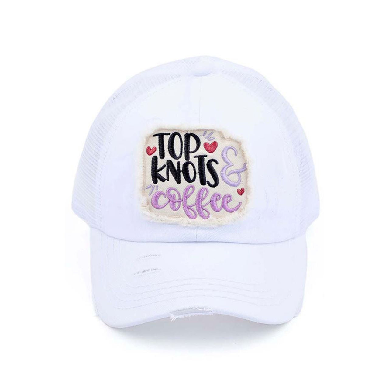 White C.C DISTRESSED TOP KNOTS AND COFFEE PATCH PONYCAP is an essential accessory for coffee lovers. Made with distressed fabric and a stylish top knot, it also features an embroidered coffee patch. Stay fashionable while showing off your love for coffee.