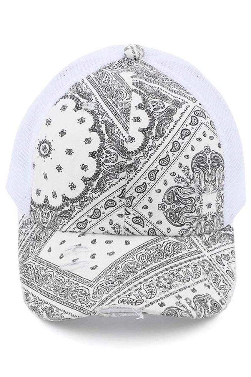 White C.C PAISLEY BANDANA CRISS CROSS PONYCAP is a stylish addition to any wardrobe. Its paisley bandana design adds a touch of retro flair, while the criss cross ponycap style keeps your hair out of your face. Made with high-quality materials, this cap not only looks great, but also provides comfort and durability. Elevate your fashion game with this must-have accessory.