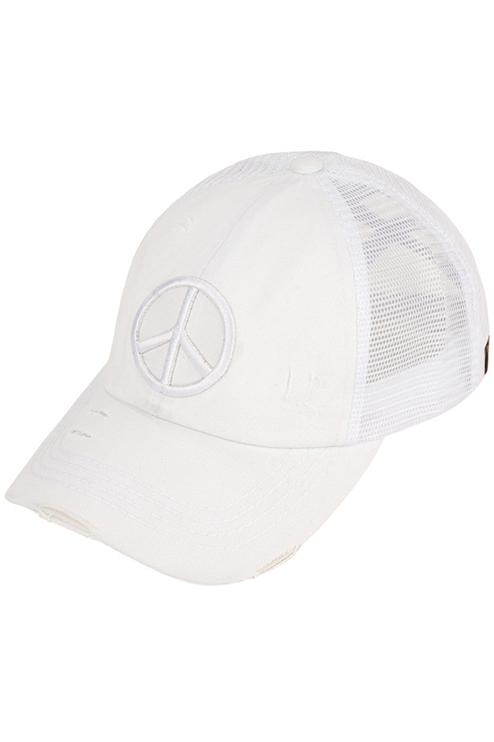 White C.C PEACE SIGN DISTRESSED PONY CAP - the perfect addition to your wardrobe for a trendy look. Made from high-quality materials, this cap features a peace sign design and distressed details that add character and edge to any outfit. Stay stylish and spread good vibes with this cap.
