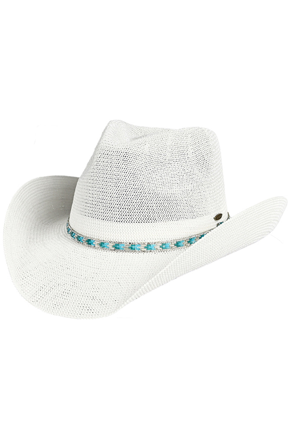 White C.C cowboy hat features a stunning rhinestone trim band, adding a touch of glamour to any outfit. Made with high-quality materials, this hat is durable and stylish, making it the perfect accessory for any outdoor event or ranch adventure. Stay protected from the sun while looking chic with this C.C cowboy hat.