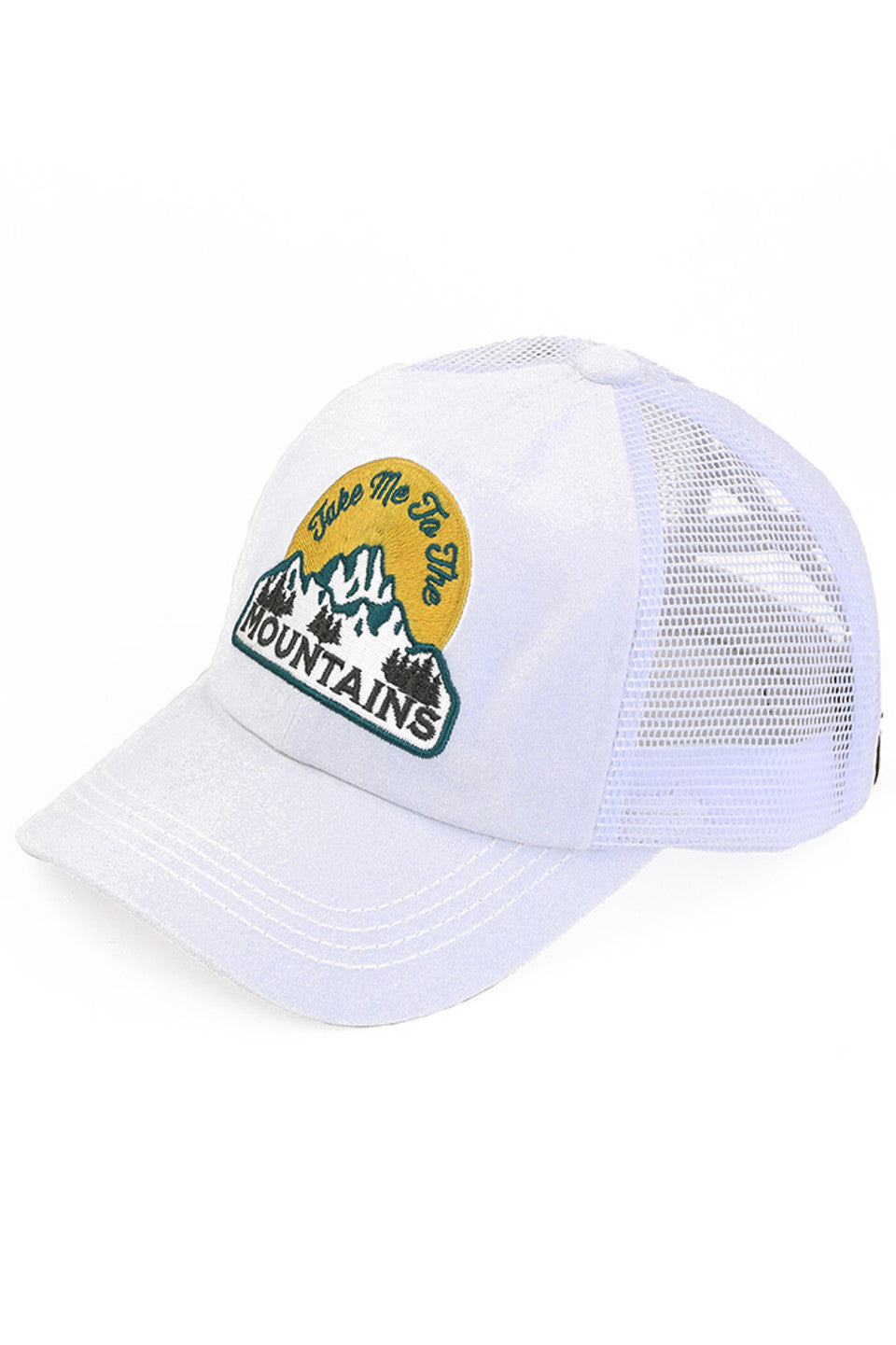 White C.C TAKE ME TO THE MOUNTAINS PATCH PONY CAP is the perfect accessory for any outdoor adventure. With its durable design and stylish mountain patch, this cap will keep you protected from the sun while showing off your love for the great outdoors. Stay comfortable and on-trend all day long.