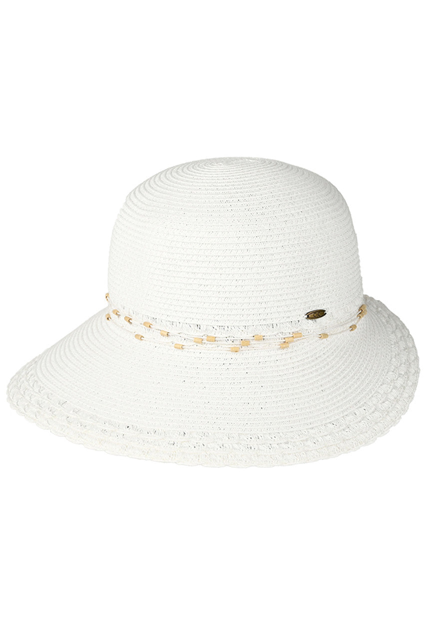 White C.C Wood Embellishment String Band Brim Hat is a must-have for any wardrobe. With its unique wood embellishment and stylish string band brim, it adds a touch of elegance to any outfit. Made with quality materials, it provides both comfort and durability. Perfect for any occasion.