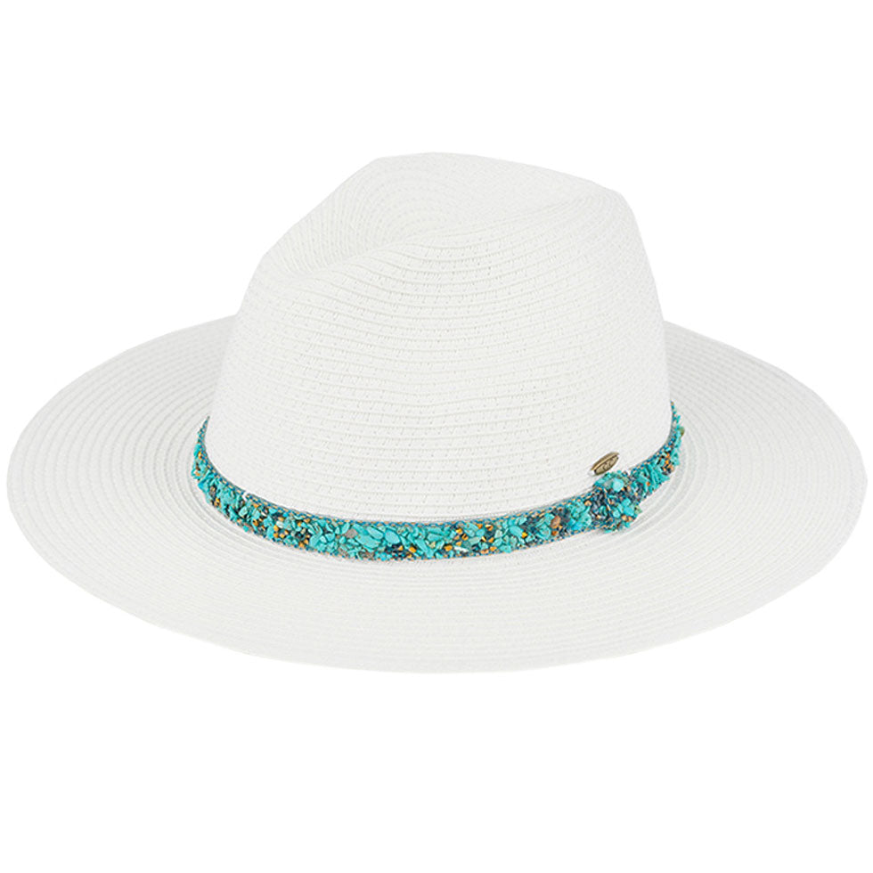 White Turquoise C.C Gem Stone Trim Band Straw Panama Sunhat, Keep your styles on even when relaxing at the pool or playing at the beach. Large, comfortable, and perfect for keeping the sun off your face, neck, and shoulders. Perfect summer, beach accessory. Ideal for travelers who are on vacation or just spending some time in the great outdoors. A great sunhat can keep you cool and comfortable even when the sun is high in the sky.