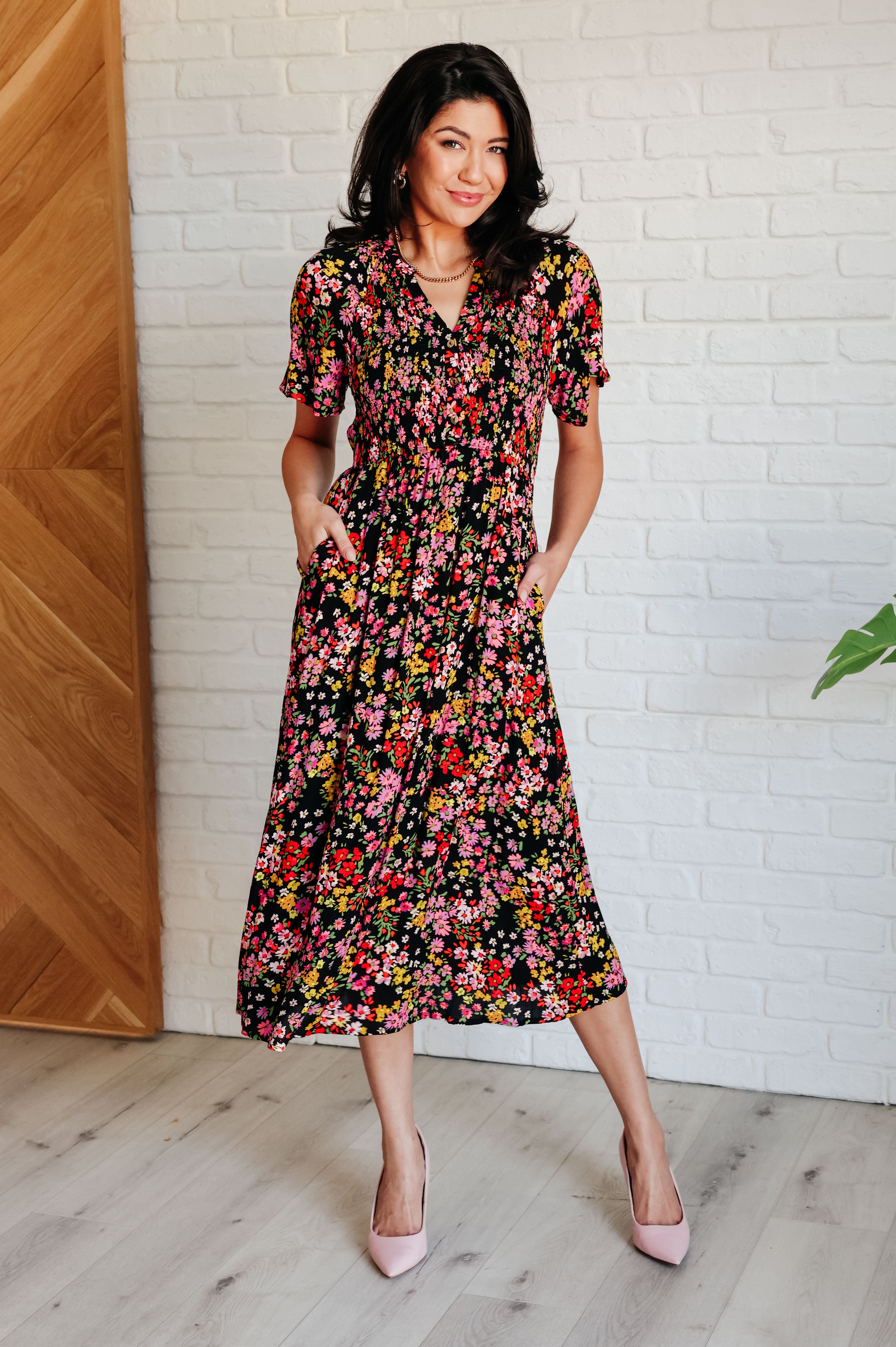 Wildflower and Barley V-Neck Button Up Dress - Charming Charlie