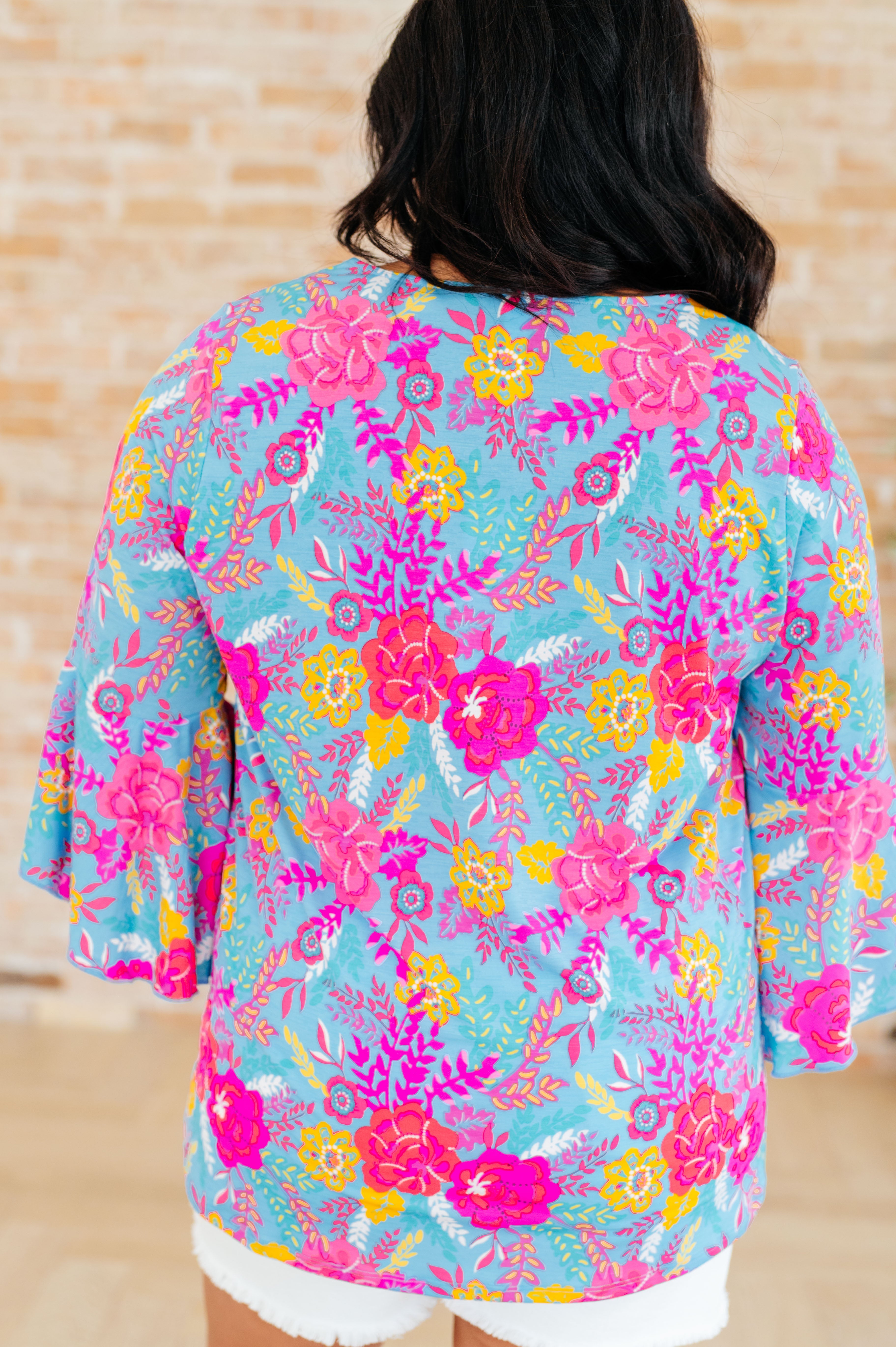 Willow Bell Sleeve Top in Bright Blue Floral - Charming Charlie