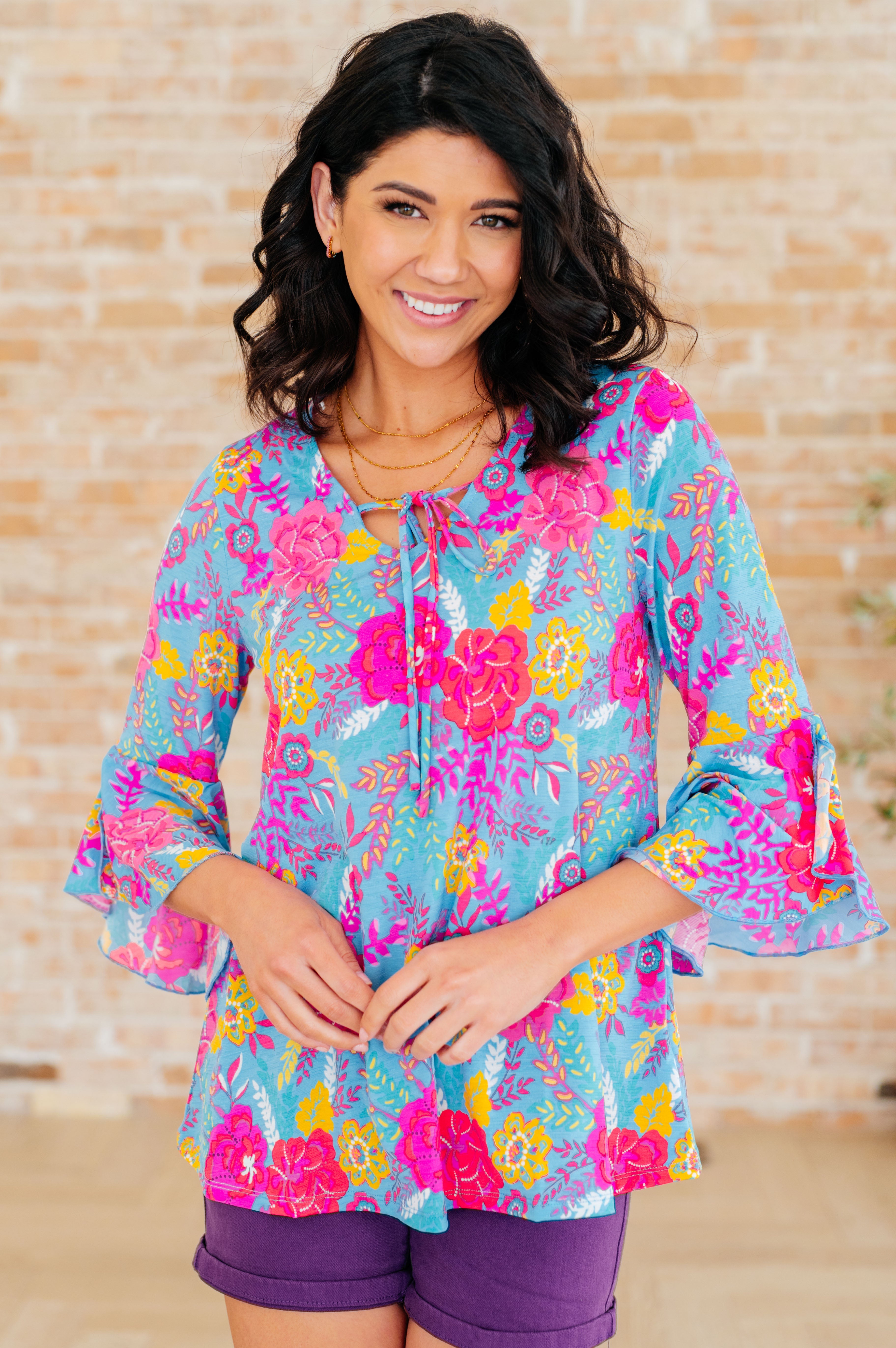 Willow Bell Sleeve Top in Bright Blue Floral - Charming Charlie