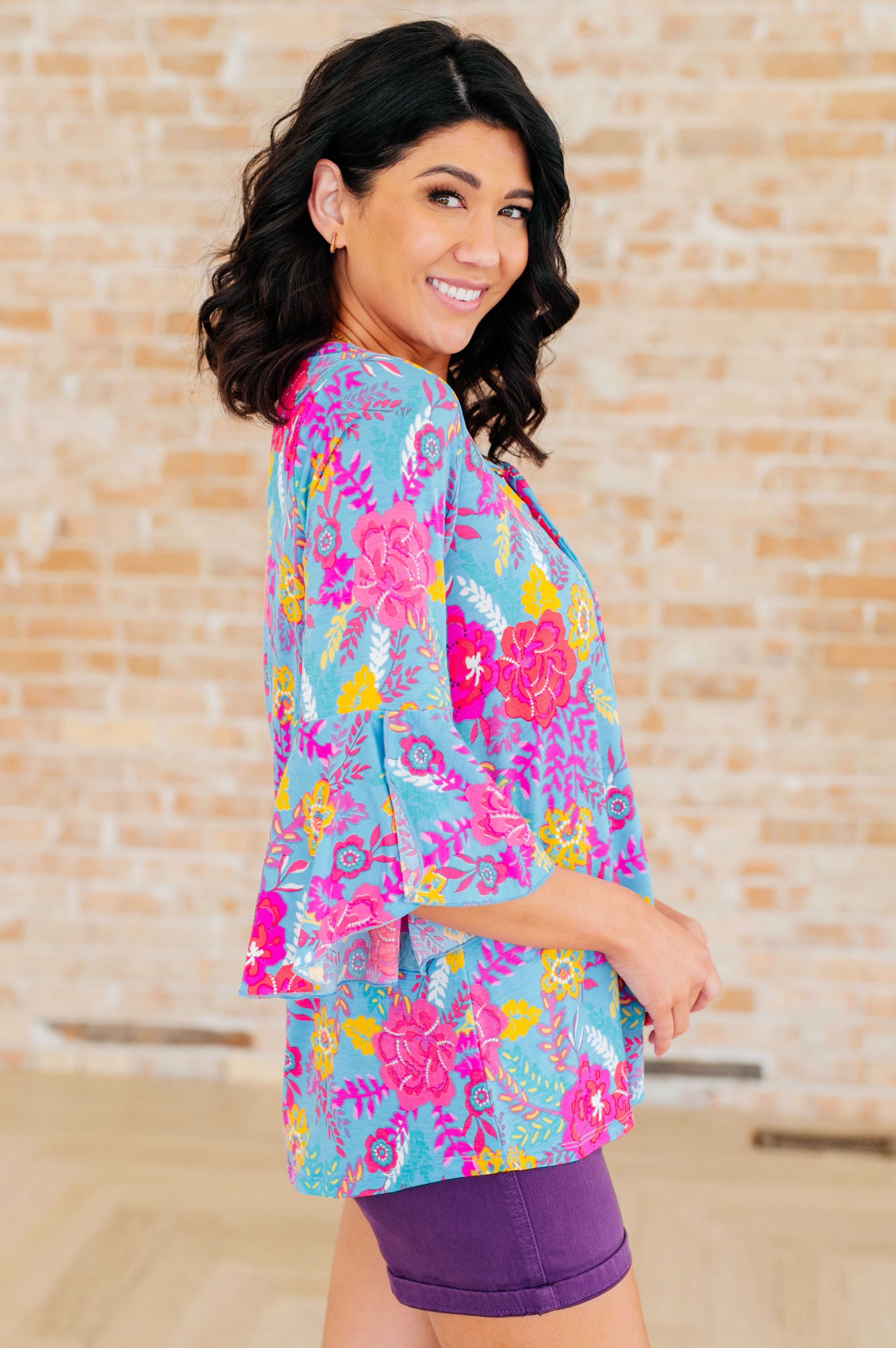 Willow Bell Sleeve Top in Bright Blue Floral - Charming Charlie
