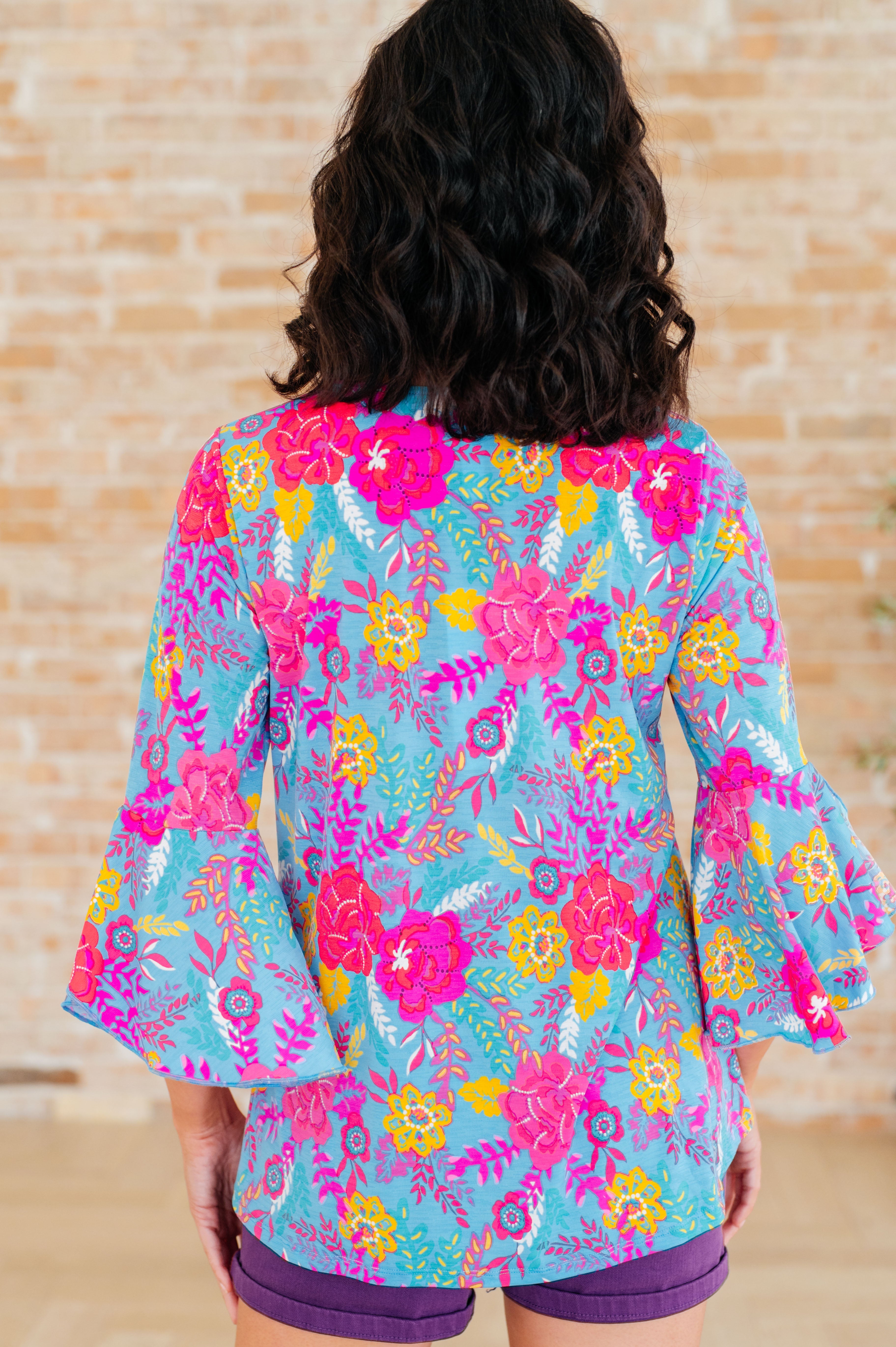Willow Bell Sleeve Top in Bright Blue Floral - Charming Charlie