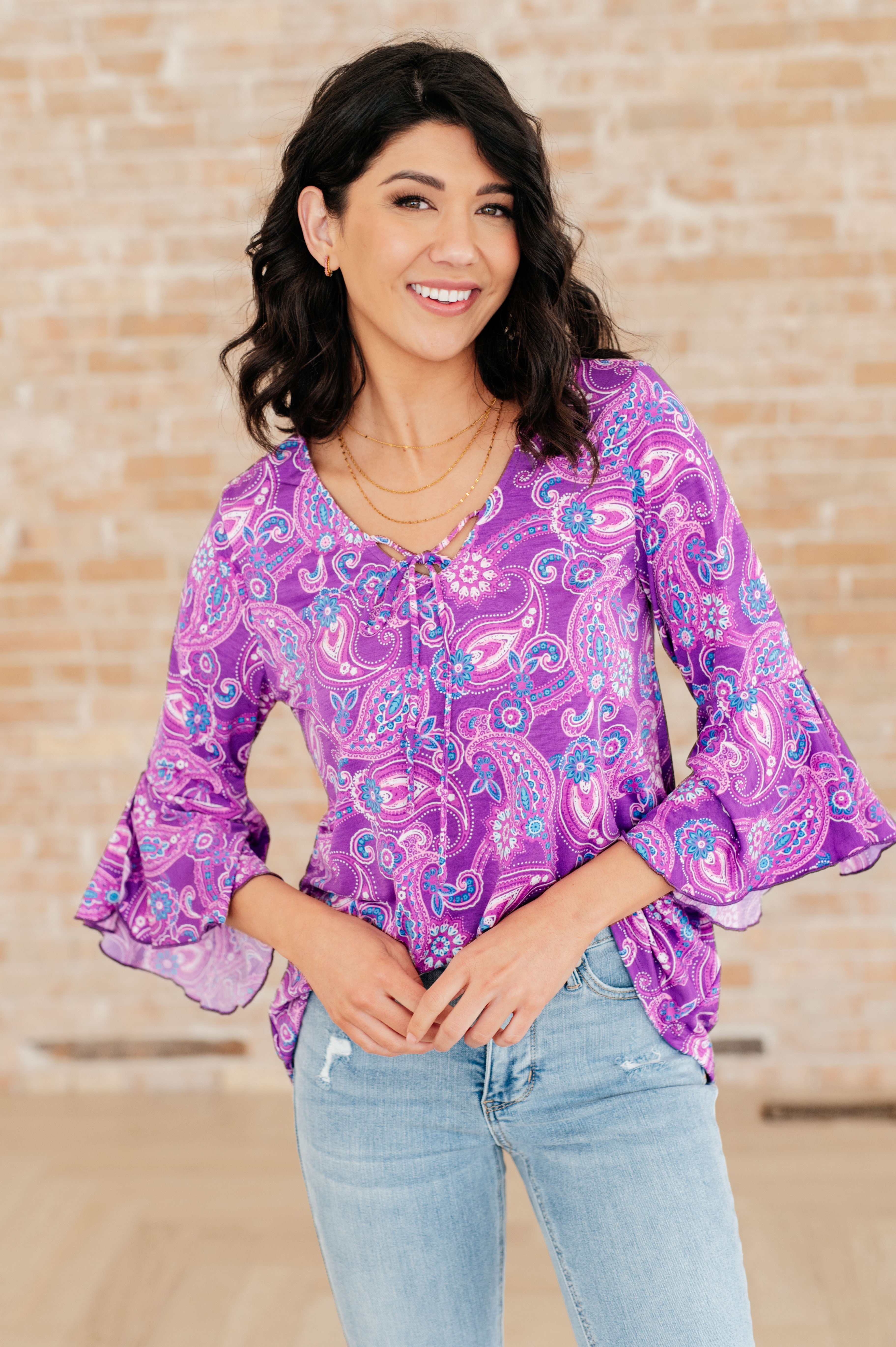 Willow Bell Sleeve Top in Lavender Paisley - Charming Charlie