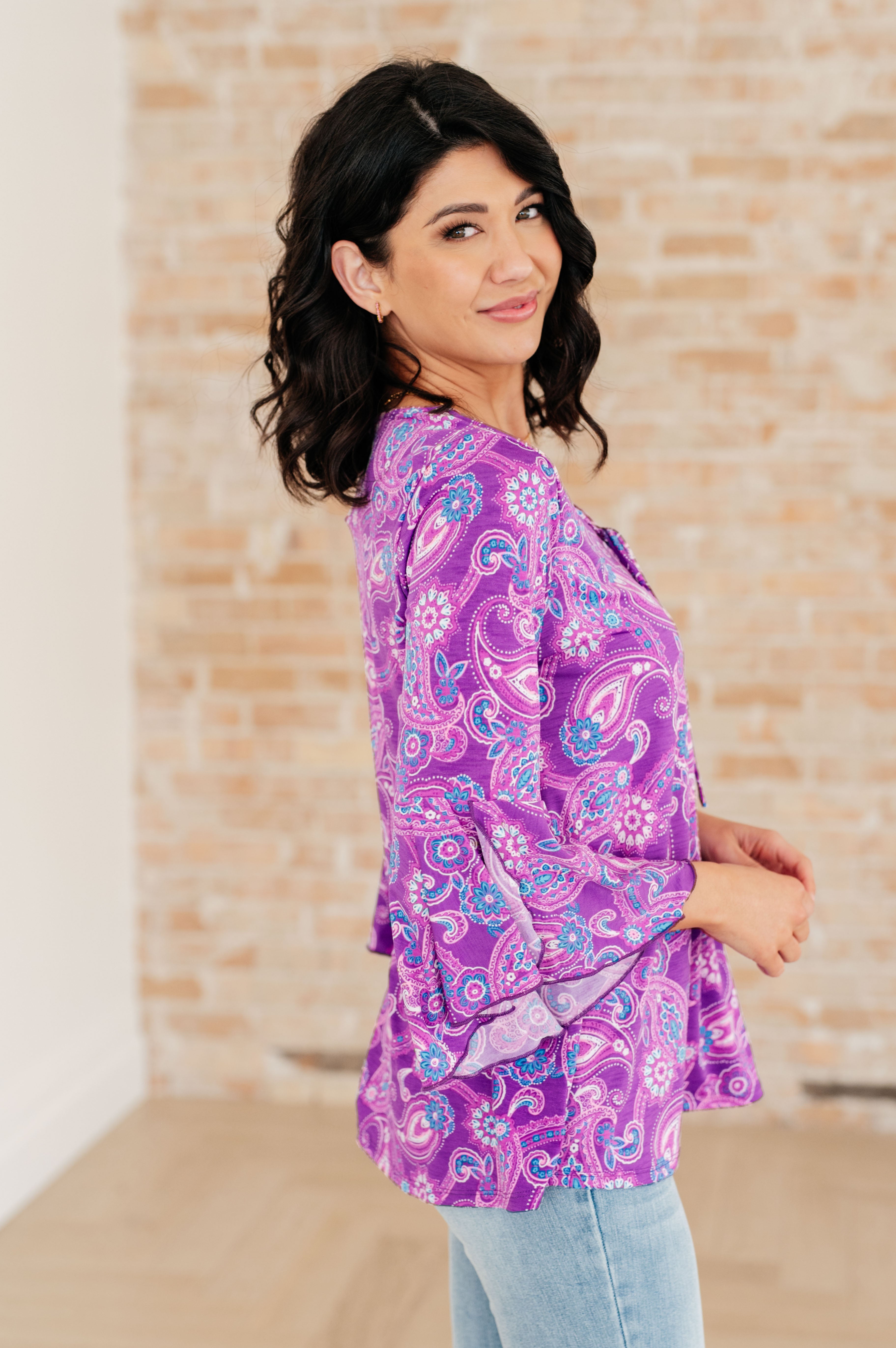 Willow Bell Sleeve Top in Lavender Paisley - Charming Charlie