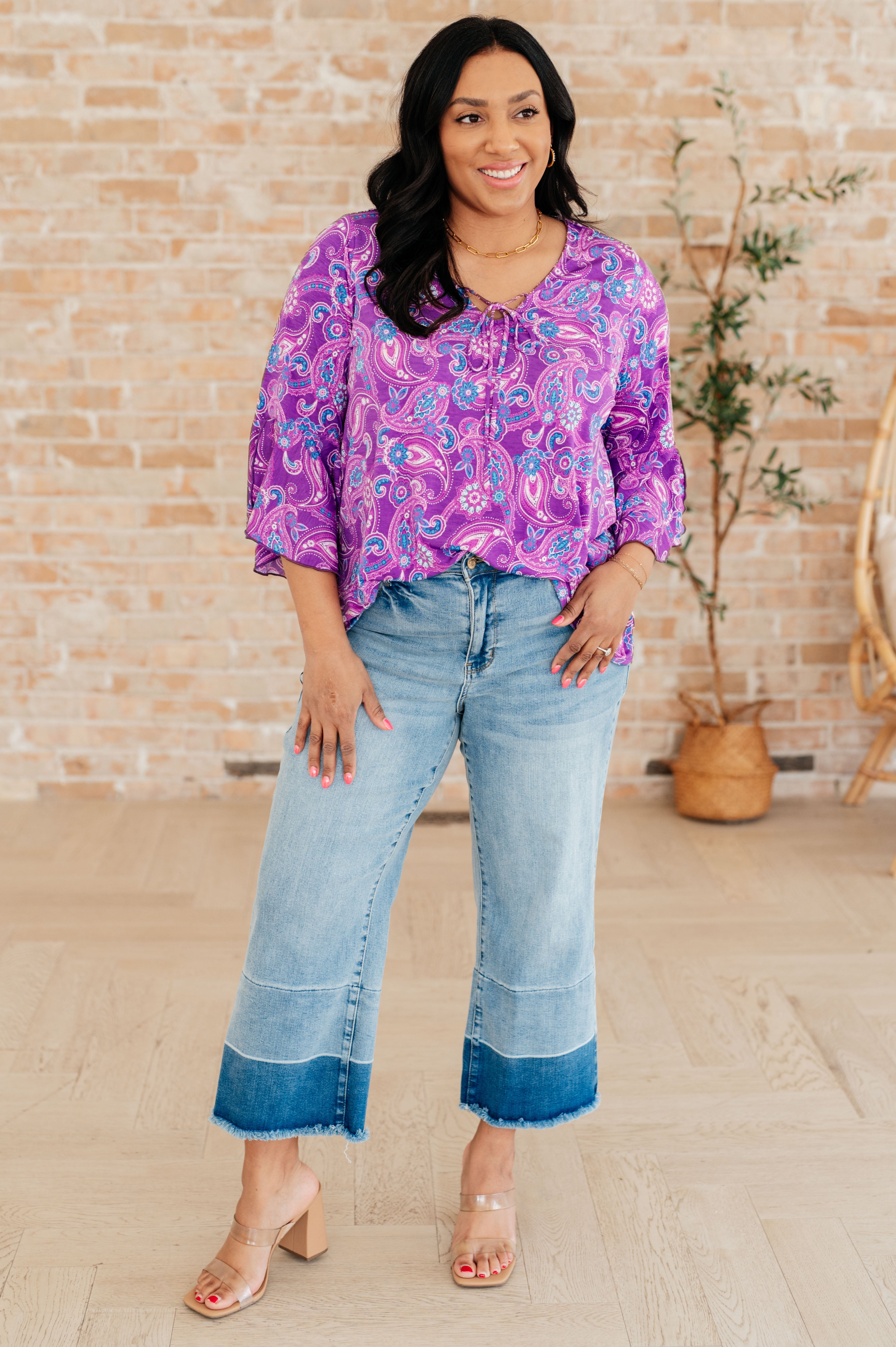 Willow Bell Sleeve Top in Lavender Paisley - Charming Charlie
