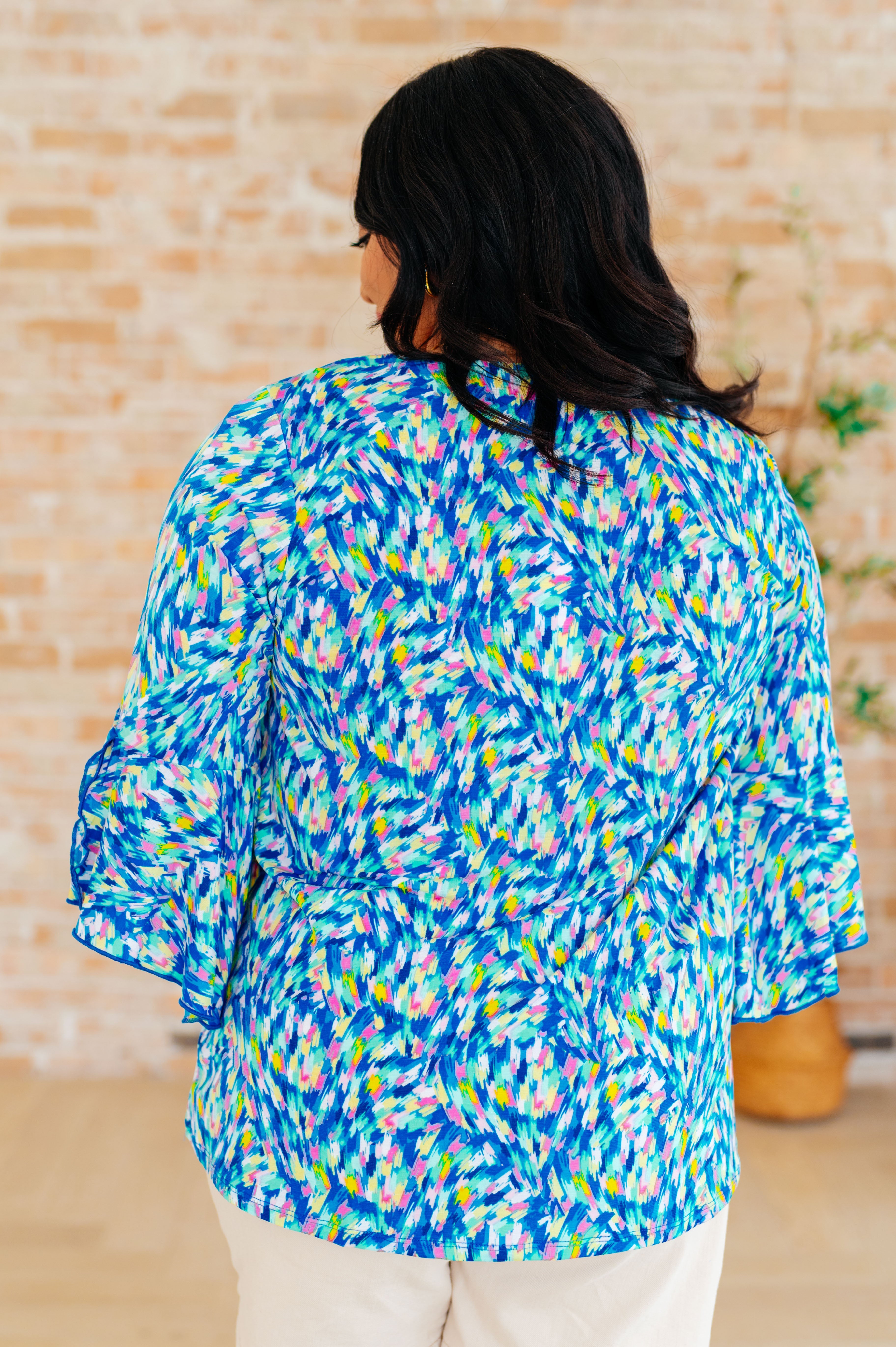 Willow Bell Sleeve Top in Royal Brushed Multi - Charming Charlie