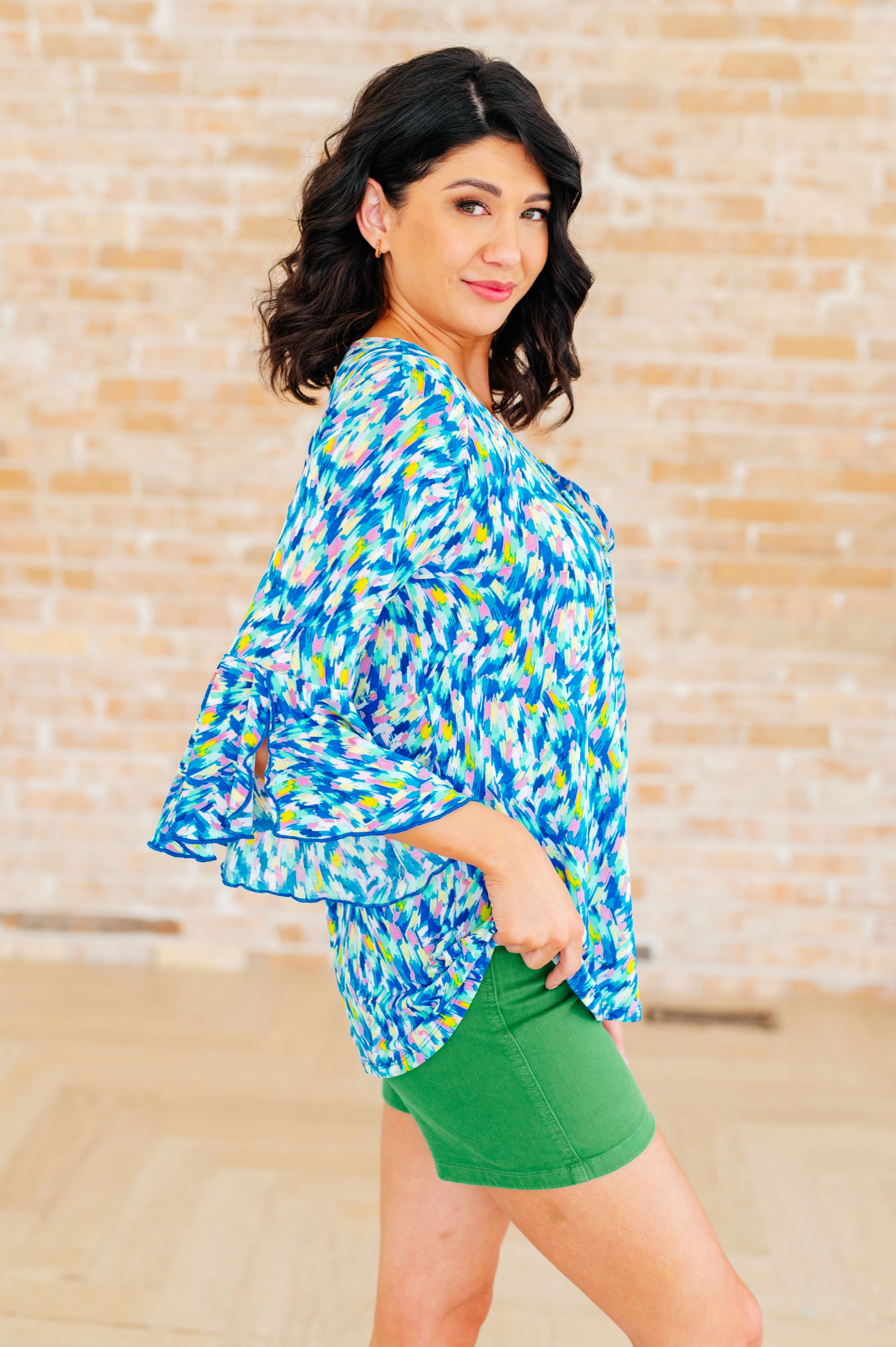 Willow Bell Sleeve Top in Royal Brushed Multi - Charming Charlie