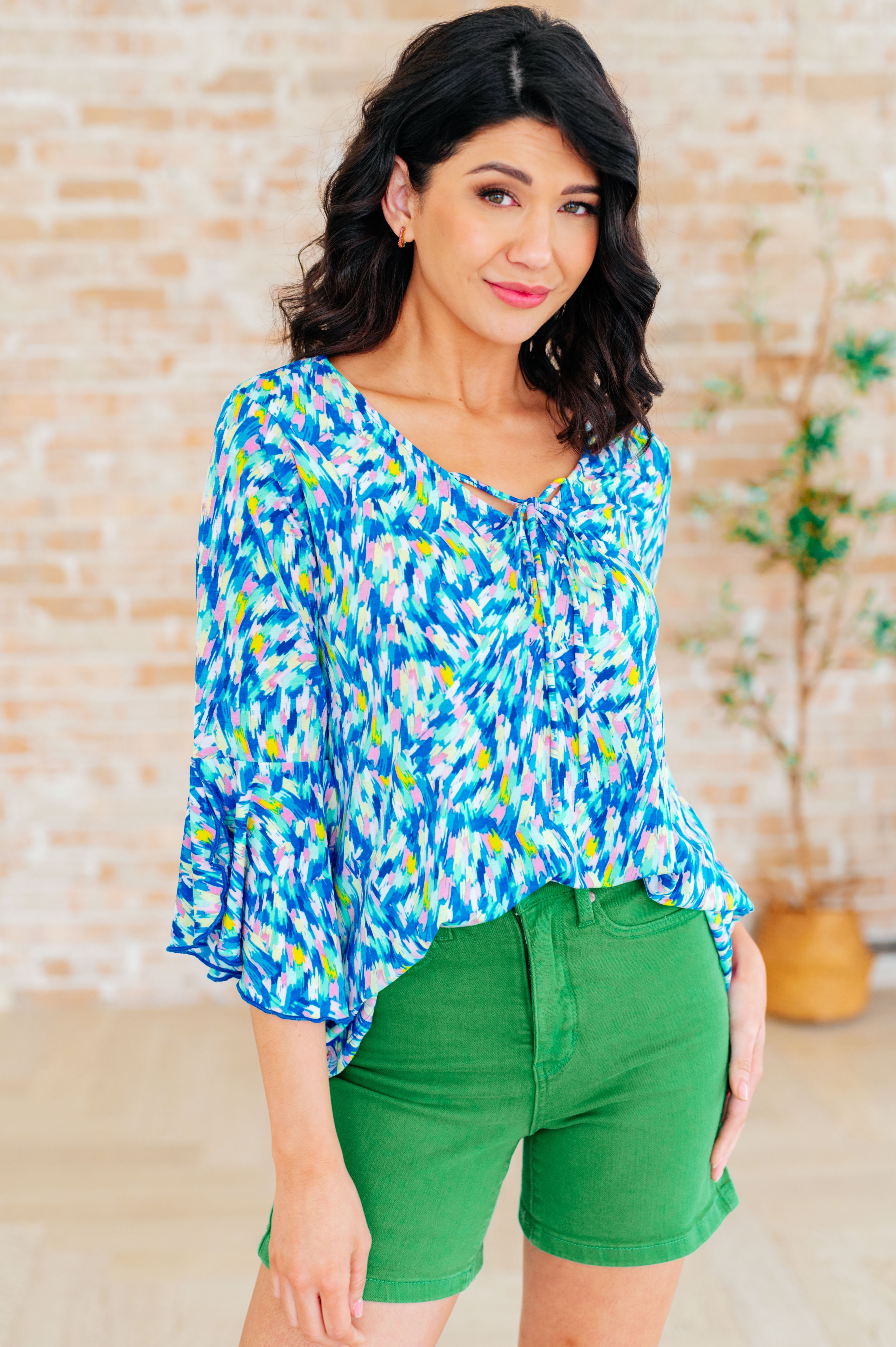 Willow Bell Sleeve Top in Royal Brushed Multi - Charming Charlie