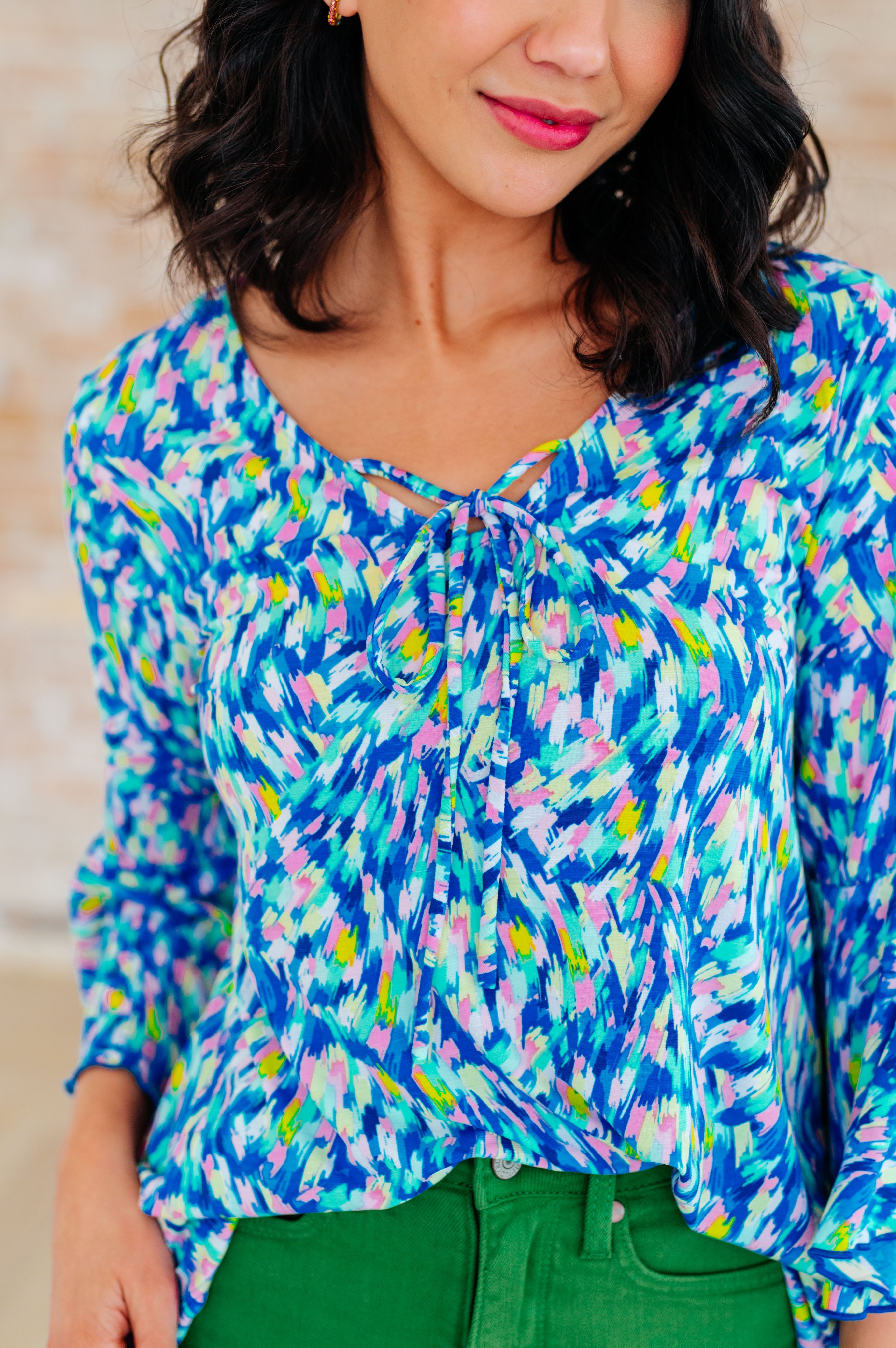 Willow Bell Sleeve Top in Royal Brushed Multi - Charming Charlie