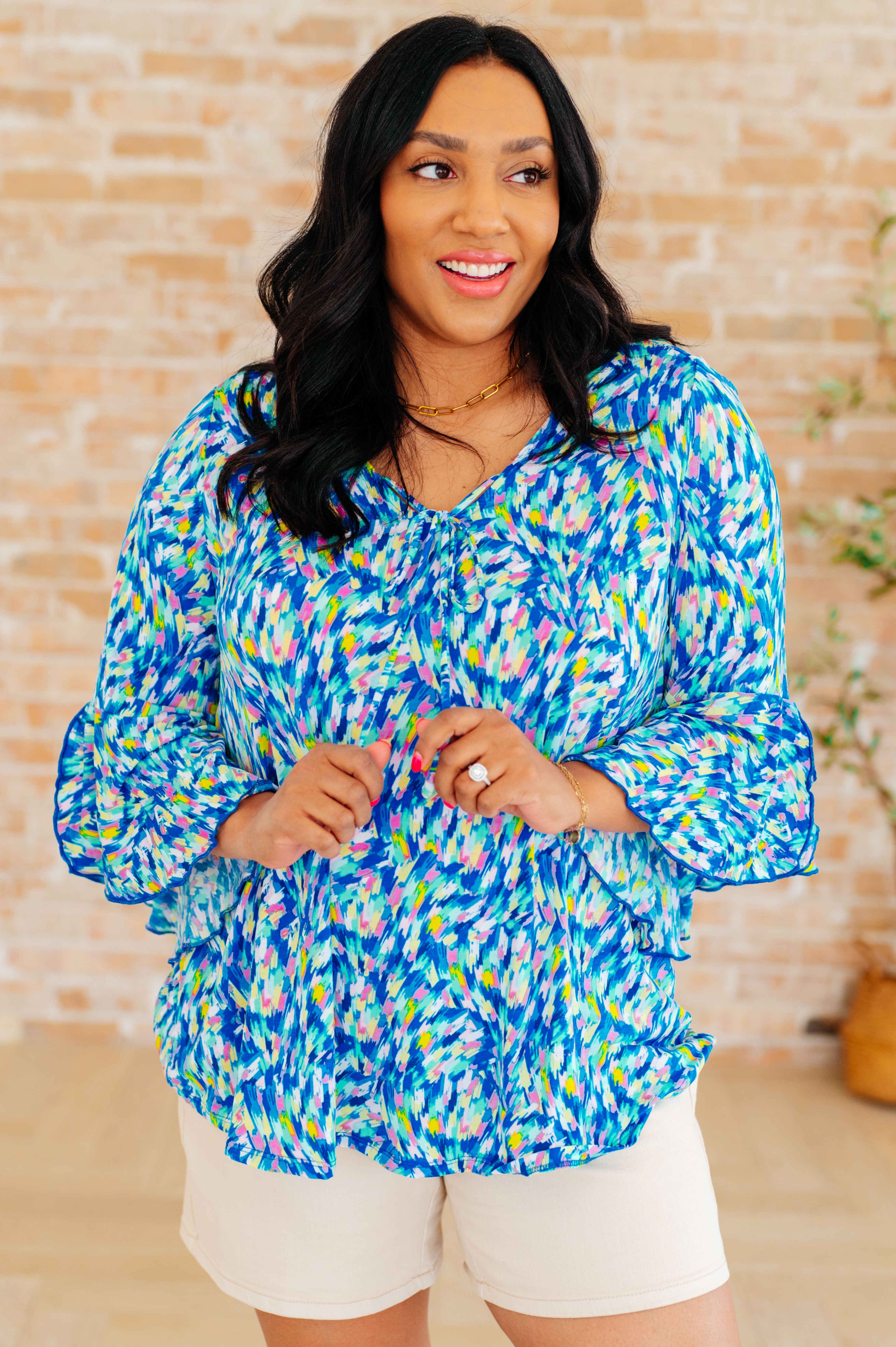 Willow Bell Sleeve Top in Royal Brushed Multi - Charming Charlie