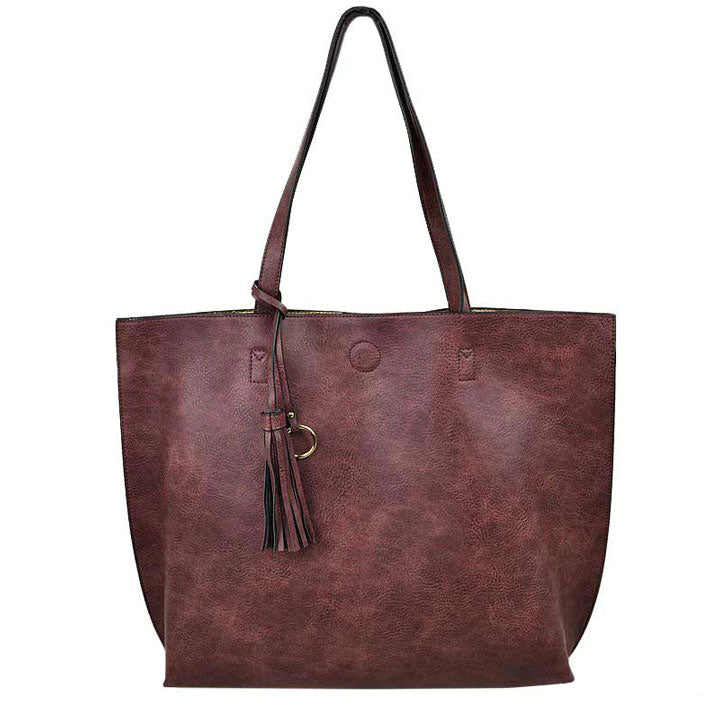 Wine Large Tote Reversible Shoulder Vegan Leather Tassel Handbag, High quality Vegan Leather is a luxurious and durable, Stay organized in style with this square-shaped shopper tote purse that is fully reversible for two contrasting interior and exterior solid colors. This vegan leather handbag includes an on-trend removable tassel embellishment. Guaranteed, This will be your go-to handbag.
