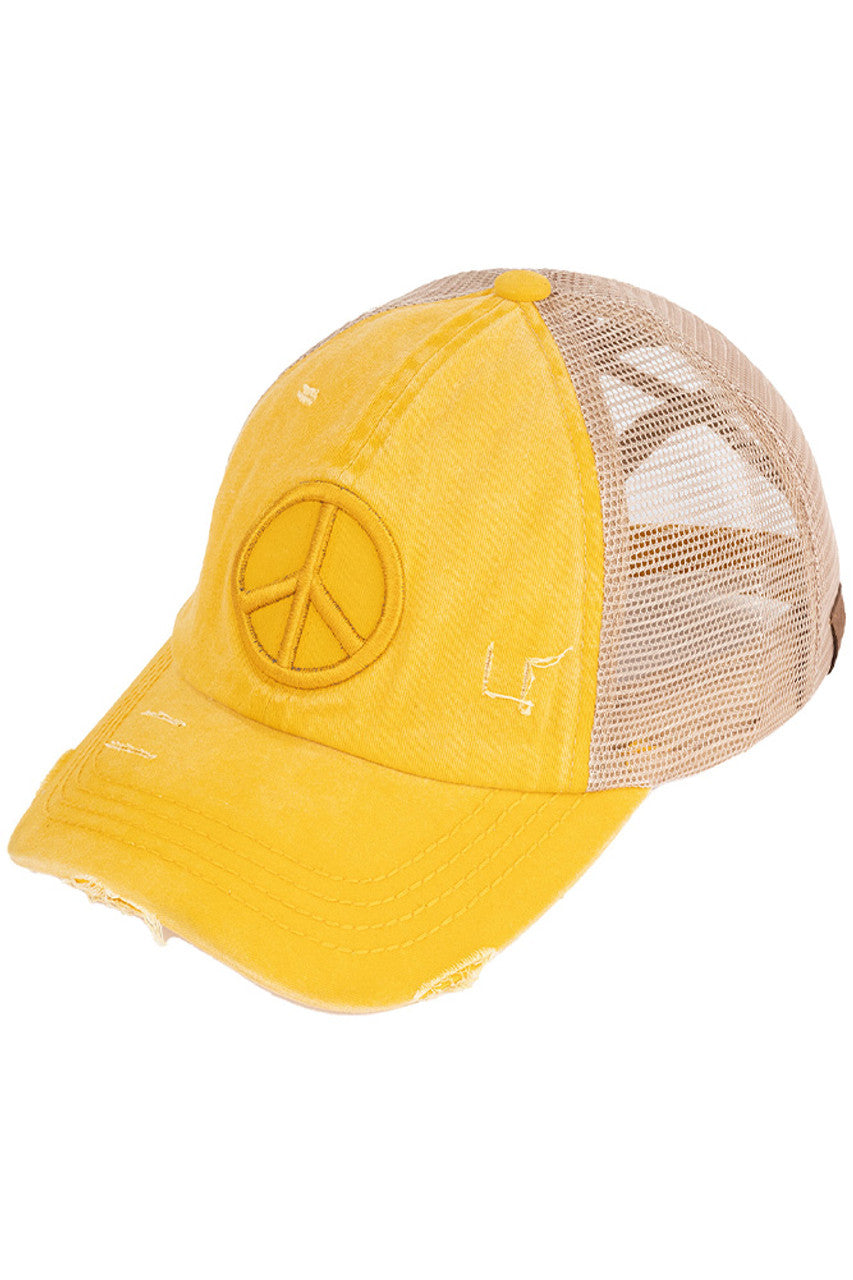 C.C Peace Sign Distressed Pony Cap - Yellow - Pony Cap