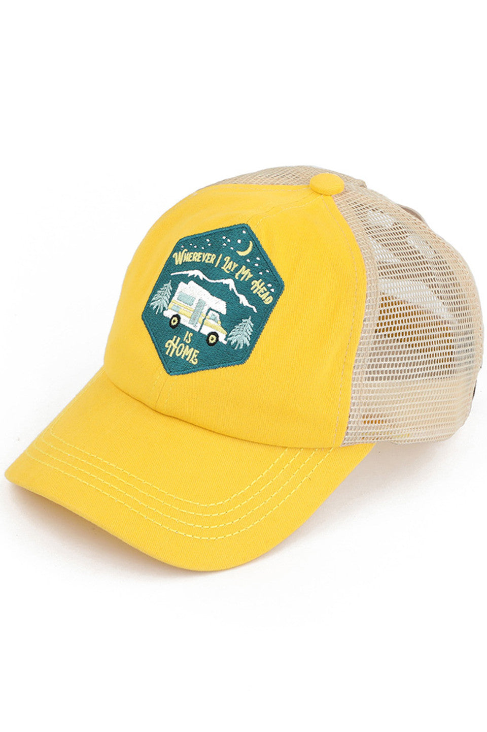 Yellow C.C WHEREVER I LAY MY HEAD IS HOME PATCH PONY CAP is the perfect accessory for any outdoor adventure. Made with high-quality materials, this cap features a unique "home patch" design, providing comfort and sun protection. This stylish and practical pony cap shows off your love for the great outdoors.