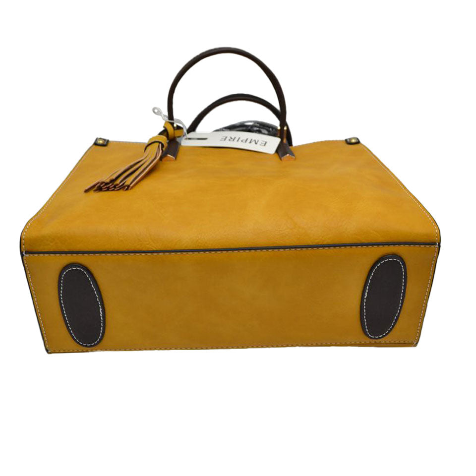 Yellow Large Shoulder Vegan Leather Tassel Handbag For Women. High quality Vegan Leather is a luxurious and durable, Stay organized in style with this square-shaped shopper tote bag that is fully two contrasting interior and exterior solid colors. This vegan leather handbag includes an on-trend removable tassel embellishment. Guaranteed, This will be your go-to handbag.