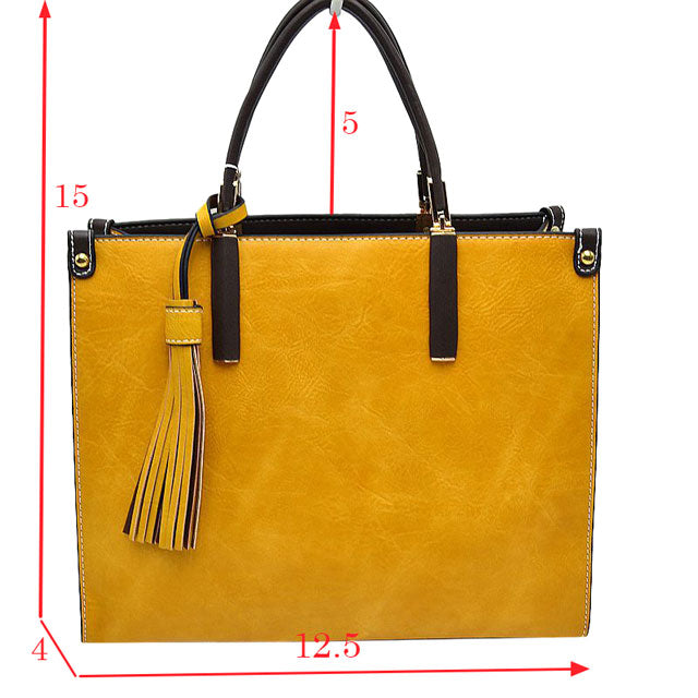 Yellow Large Shoulder Vegan Leather Tassel Handbag For Women. High quality Vegan Leather is a luxurious and durable, Stay organized in style with this square-shaped shopper tote bag that is fully two contrasting interior and exterior solid colors. This vegan leather handbag includes an on-trend removable tassel embellishment. Guaranteed, This will be your go-to handbag.