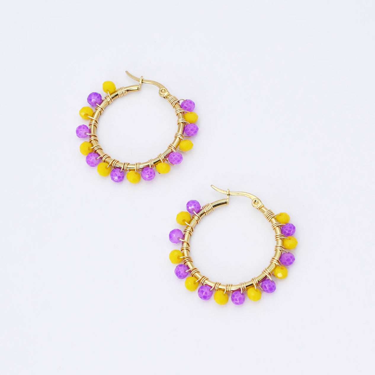Colorful crystal statement hoop earrings with multicolor beads and sparkling stones, waterproof earrings, tarnish free jewelry, hypoallergenic earrings for sensitive skin, 24k gold dainty earrings, handcrafted gemstone earrings, gold hoop earrings, boutique wholesale earrings, trendy gold jewelry, high quality jewelry gifts