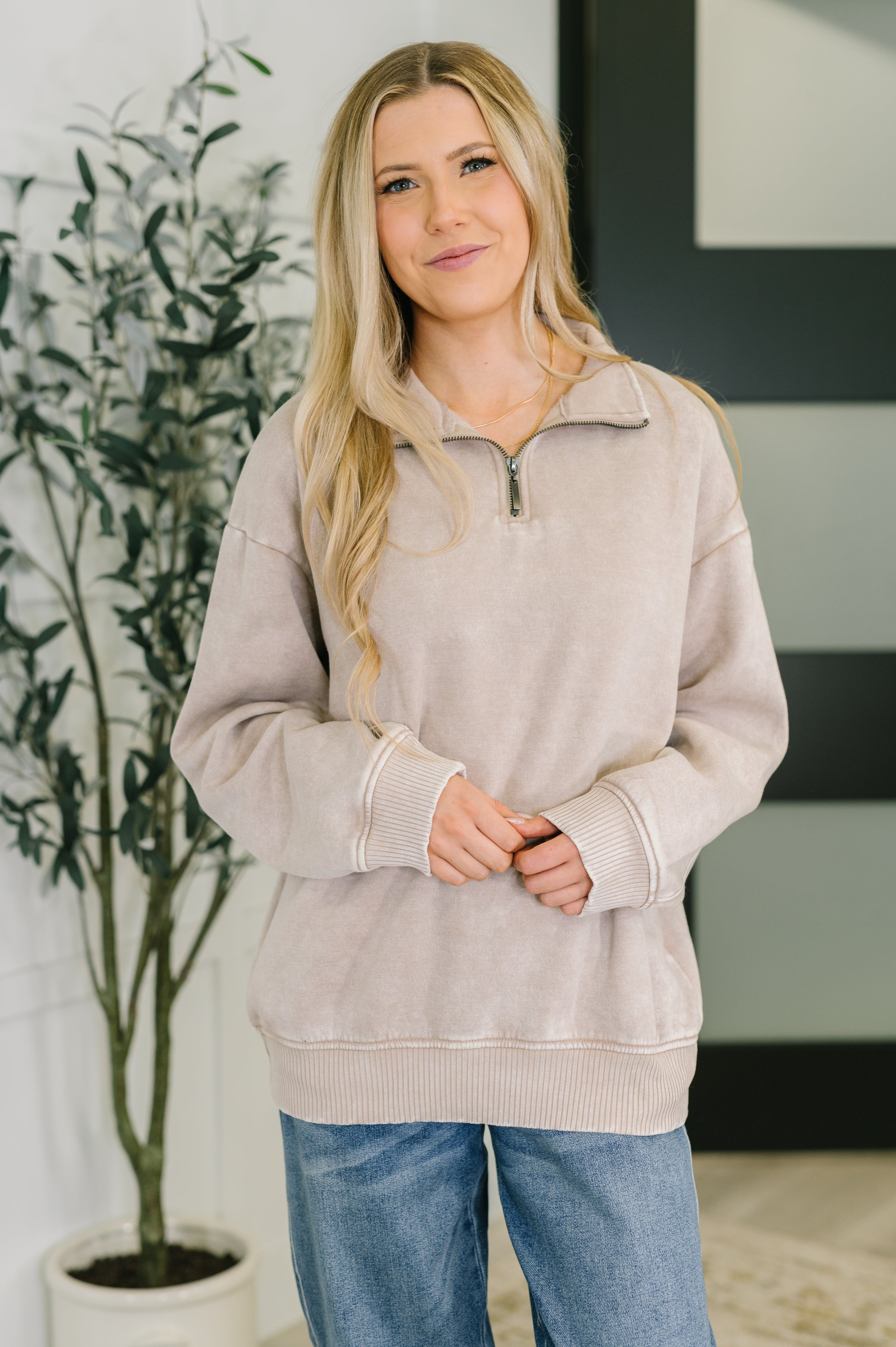You Should Know Half Zip Pullover in Ash Mocha - Charming Charlie