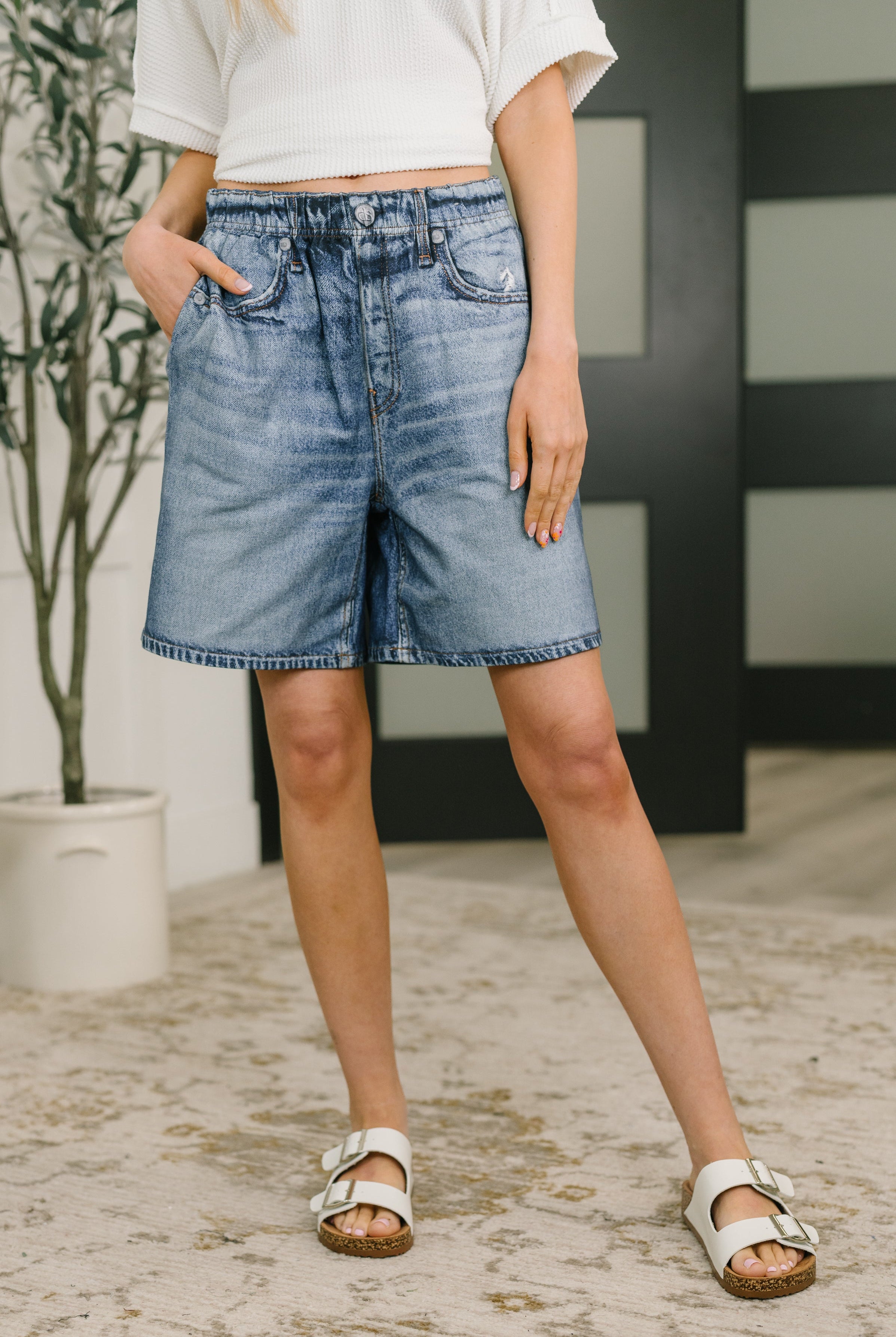 Zenim Printed High Waisted Shorts in Classic Denim - Charming Charlie