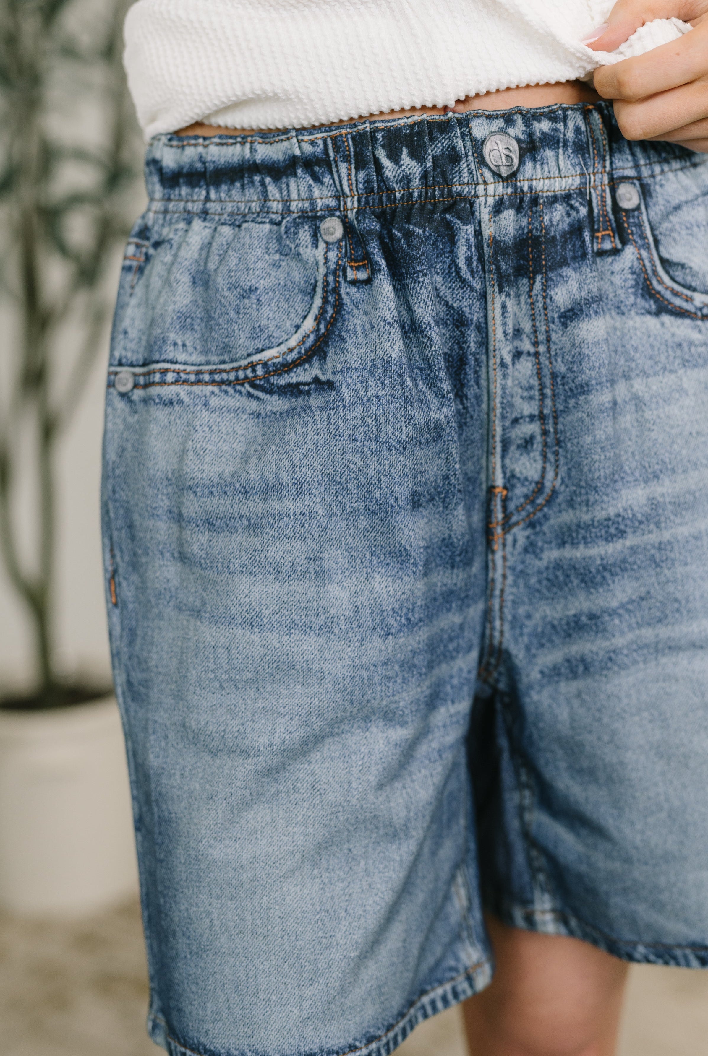 Zenim Printed High Waisted Shorts in Classic Denim - Charming Charlie