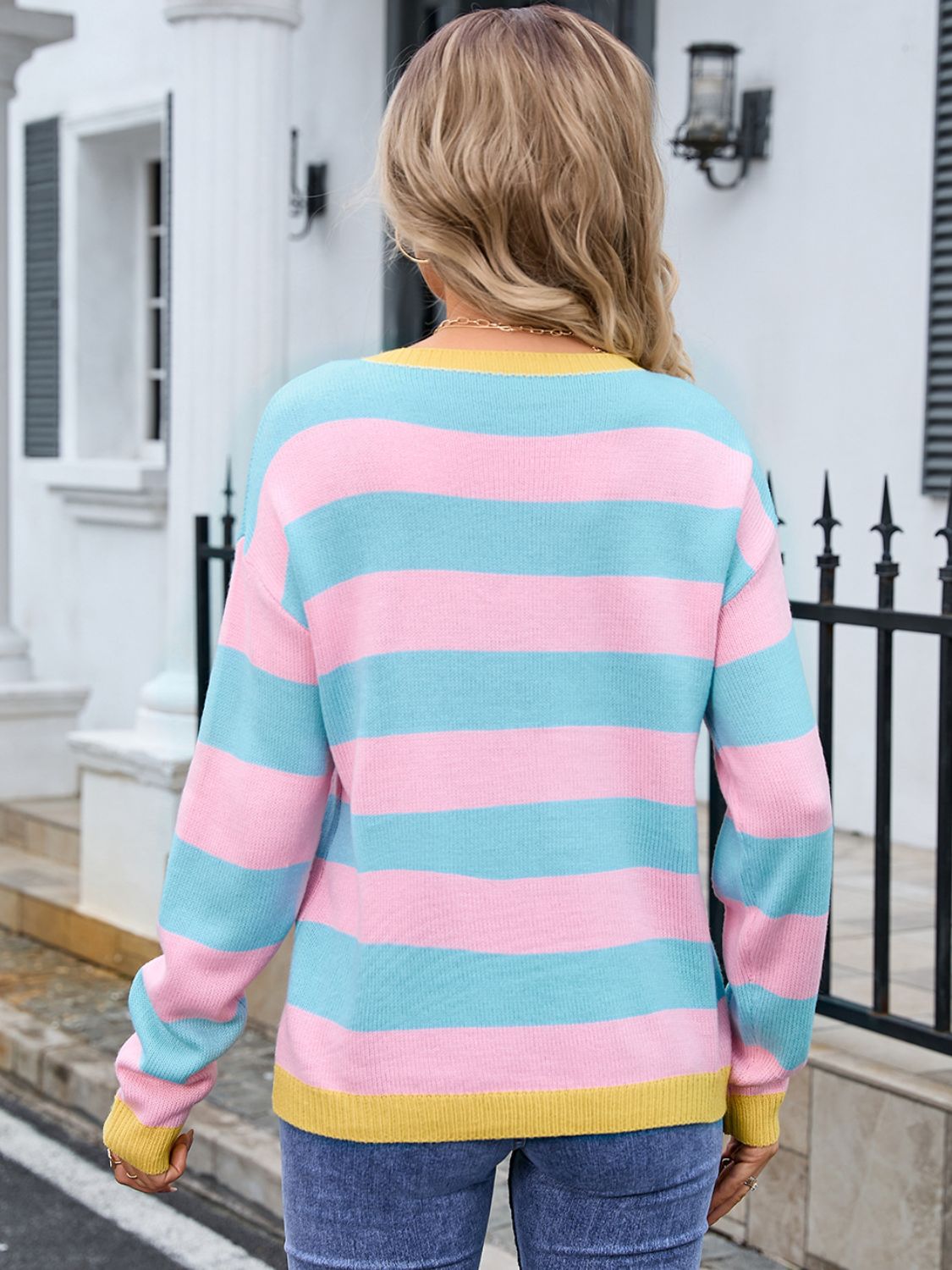 Striped Round Neck Dropped Shoulder Sweater - Charming Charlie