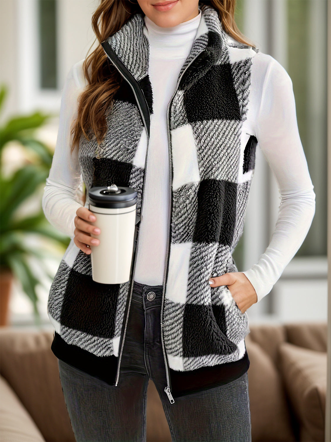 Pocketed Plaid Zip Up Vest Coat - Charming Charlie